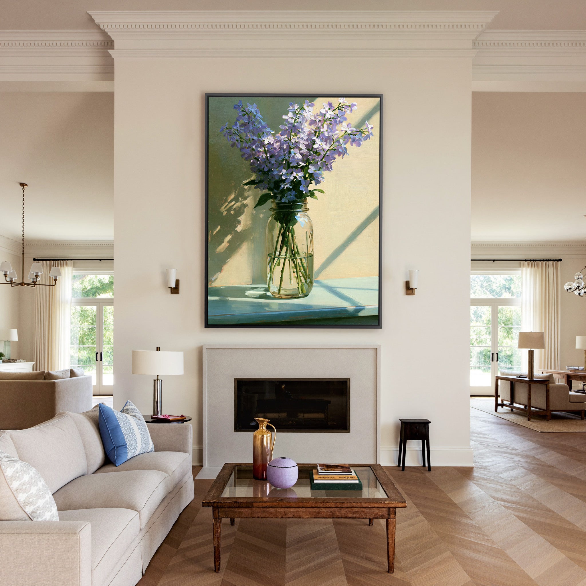 pale lavender flowers in a glass jar with soft canvas wall art in a black frame above a mantel