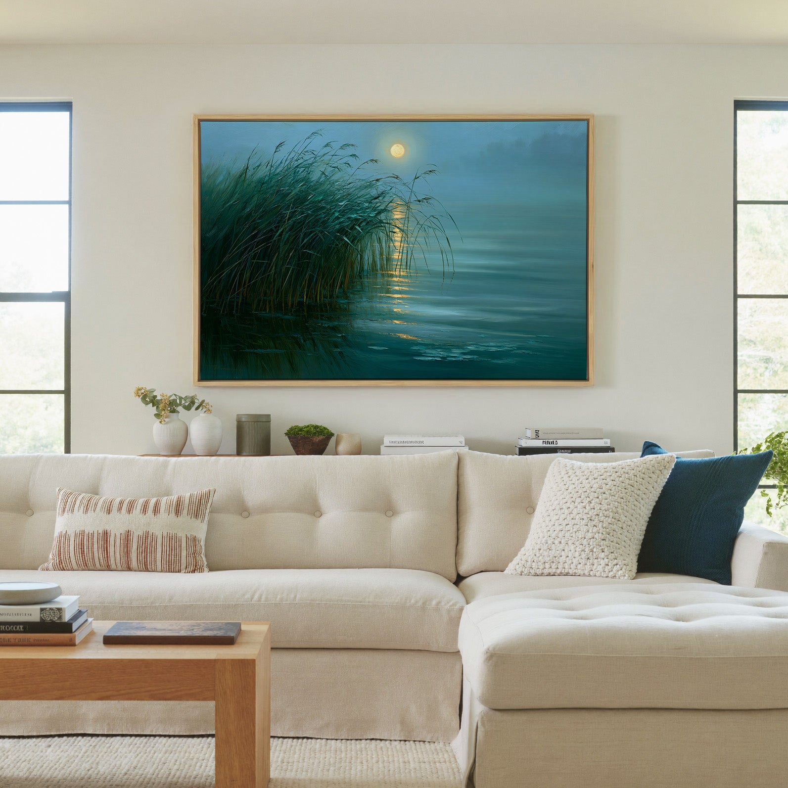 teal lake with reeds and gold moon reflection canvas wall art in a natural wood frame in a living room