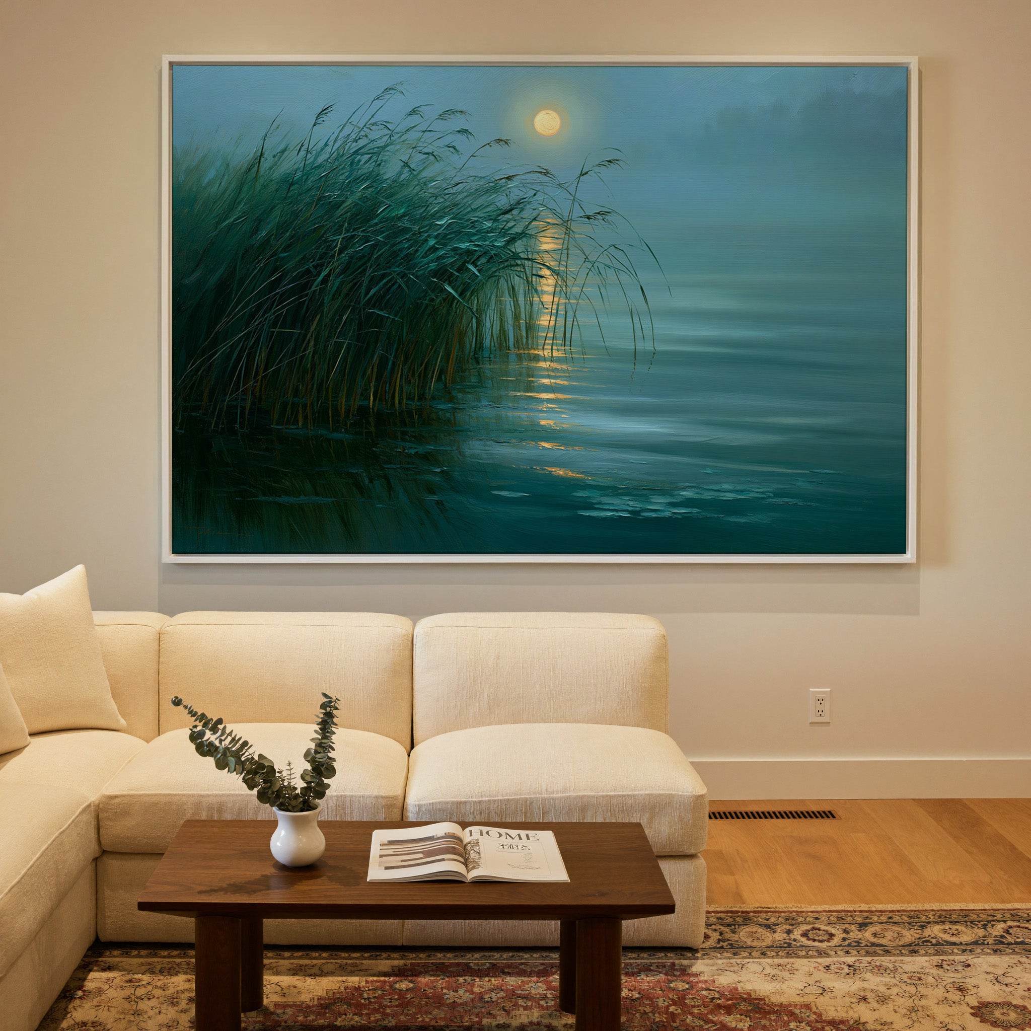 teal lake with reeds and gold moon reflection canvas wall art in a white frame in a styled room setting