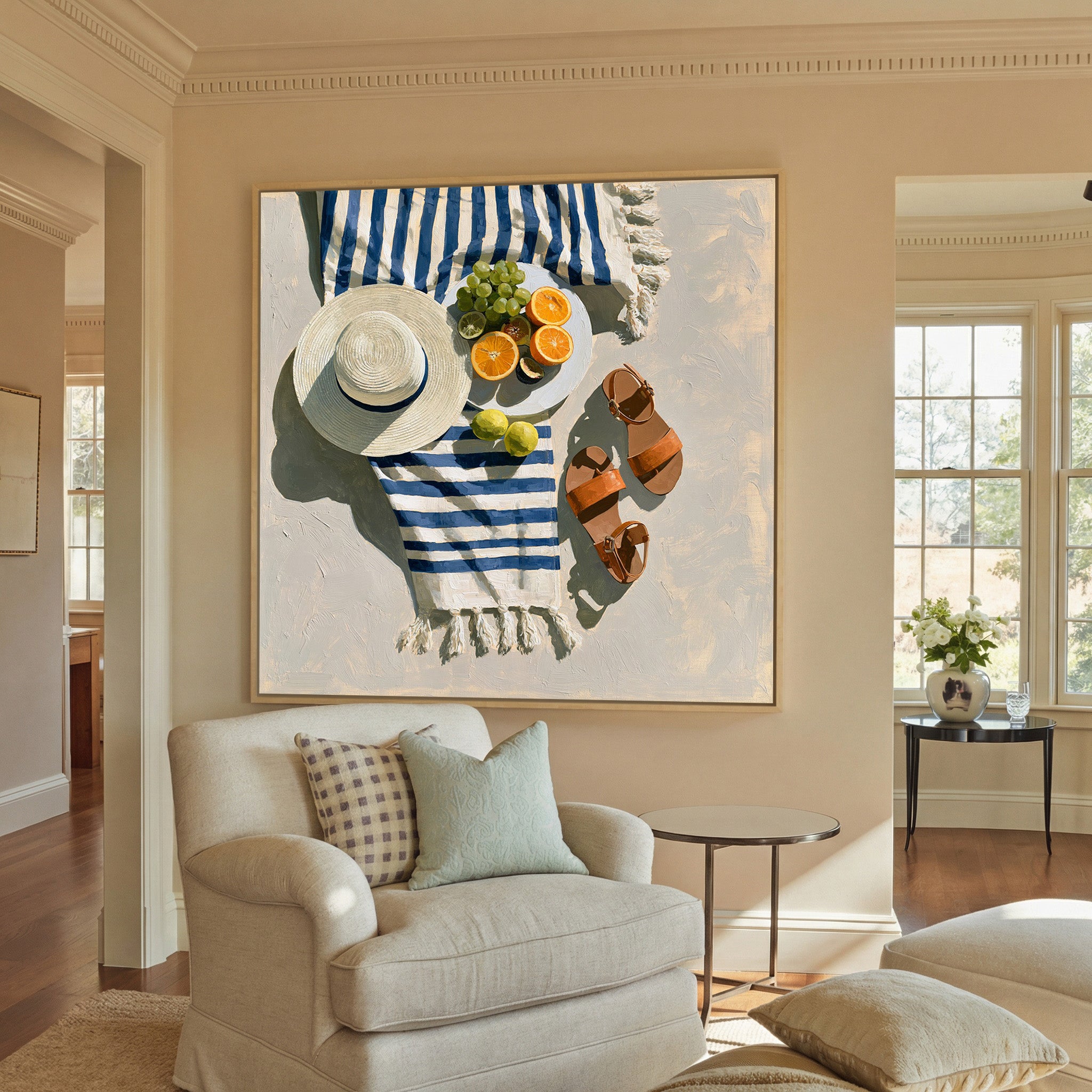 blue striped towel with citrus, canvas wall art in a natural wood frame in a styled room setting
