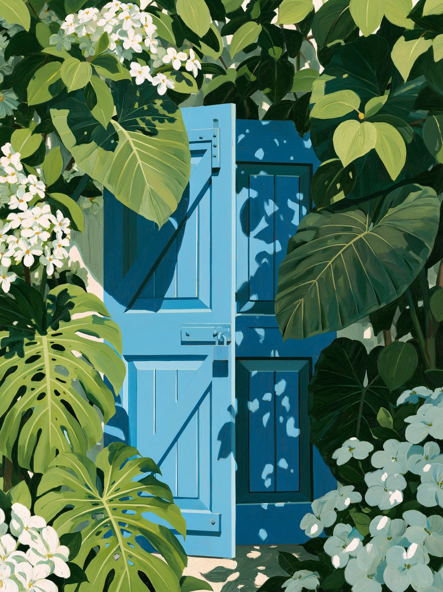 Bright blue garden gate framed by oversized green leaves and white blossoms