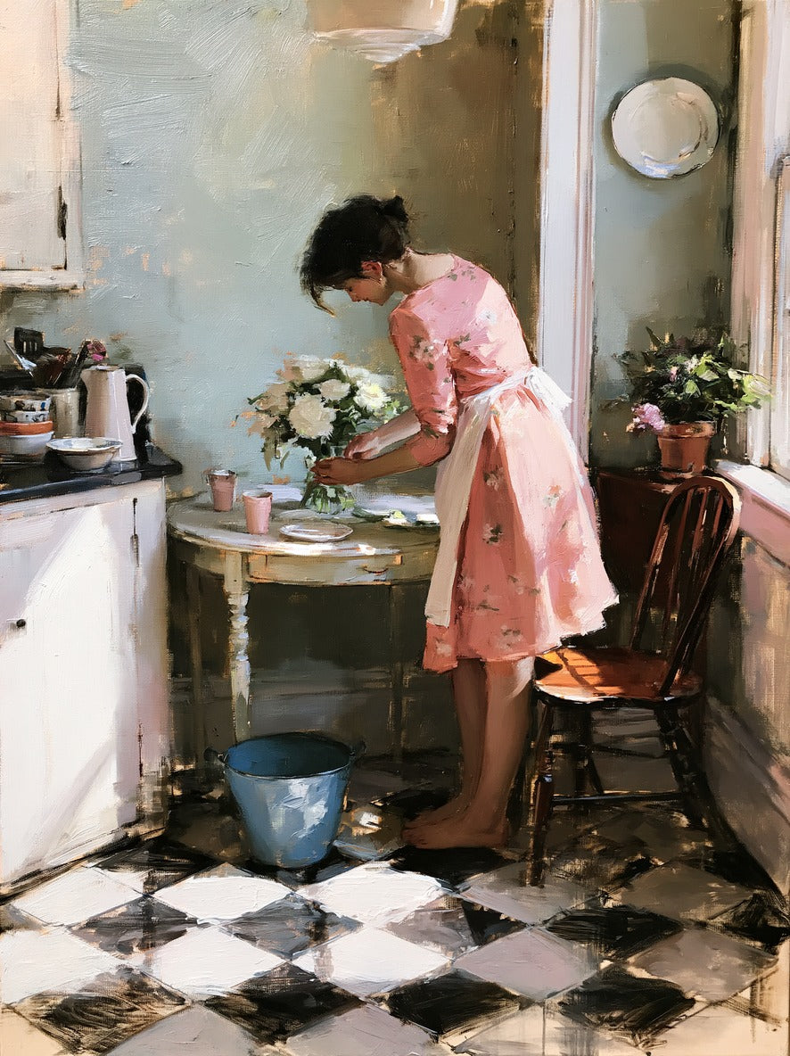 Woman in a pink dress arranging white flowers at a small kitchen table with blue walls