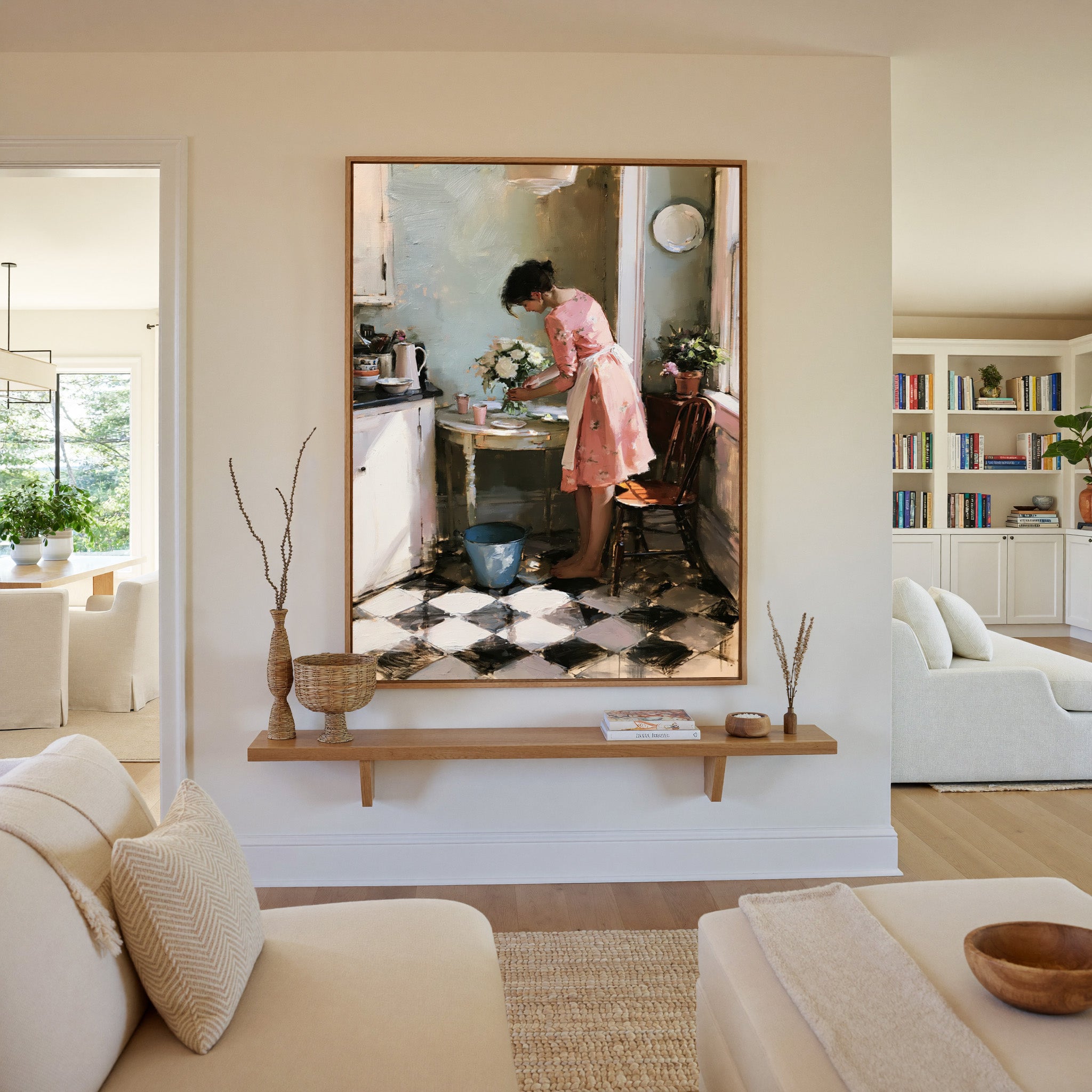 woman in a pink dress arranging white flowers canvas wall art in an oak frame in a living room