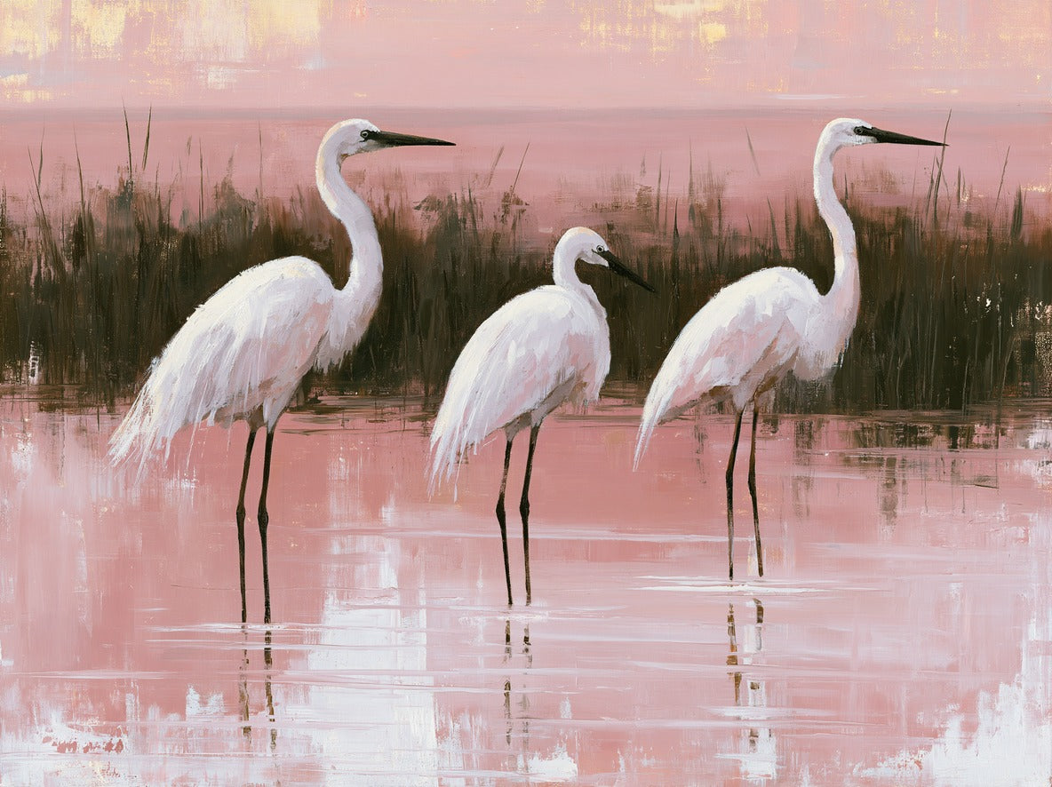 Three white egrets standing in shallow pink water with dark reeds and soft reflections