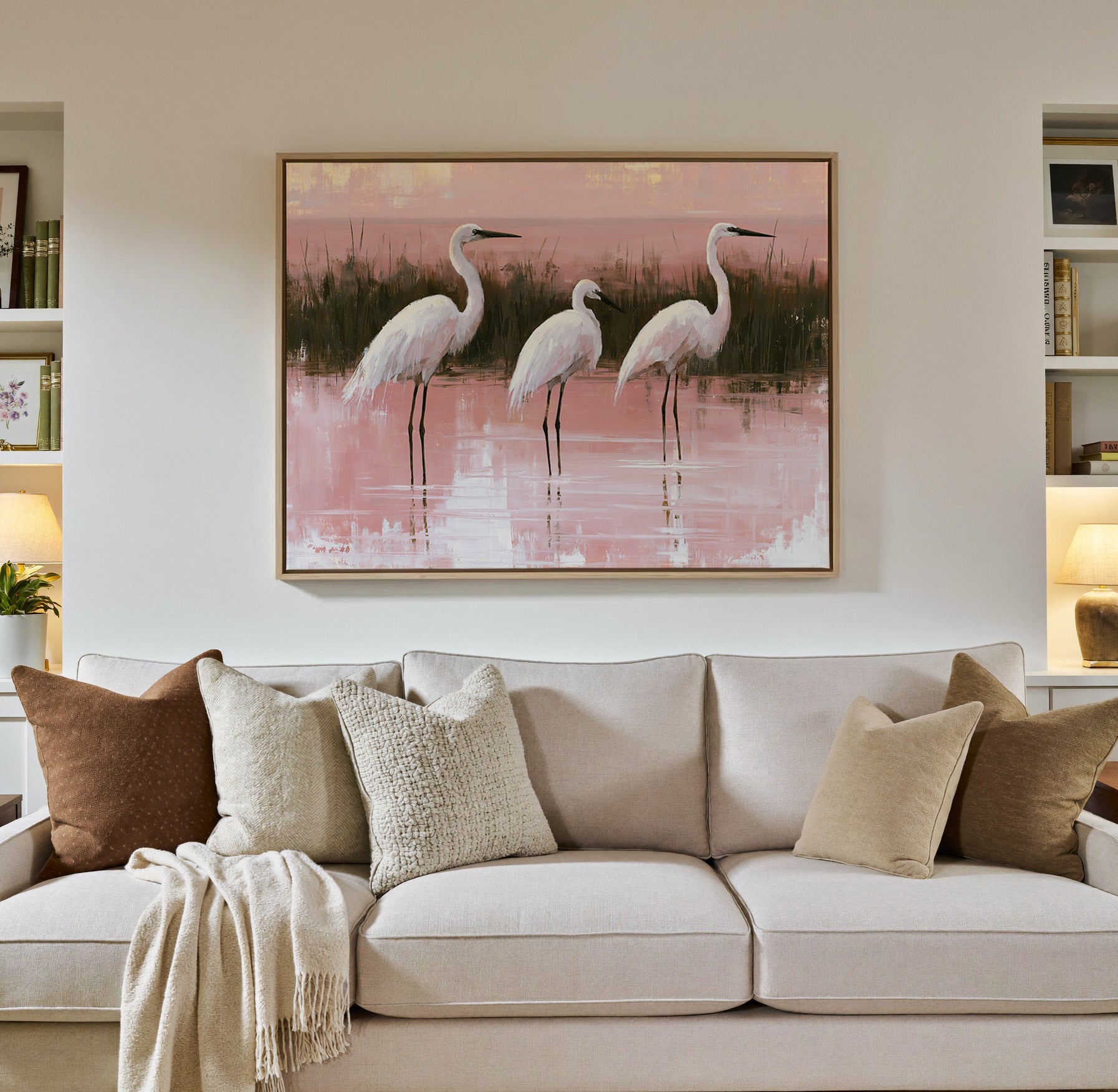 white egrets in shallow pink water canvas wall art in a natural wood frame in a styled room setting