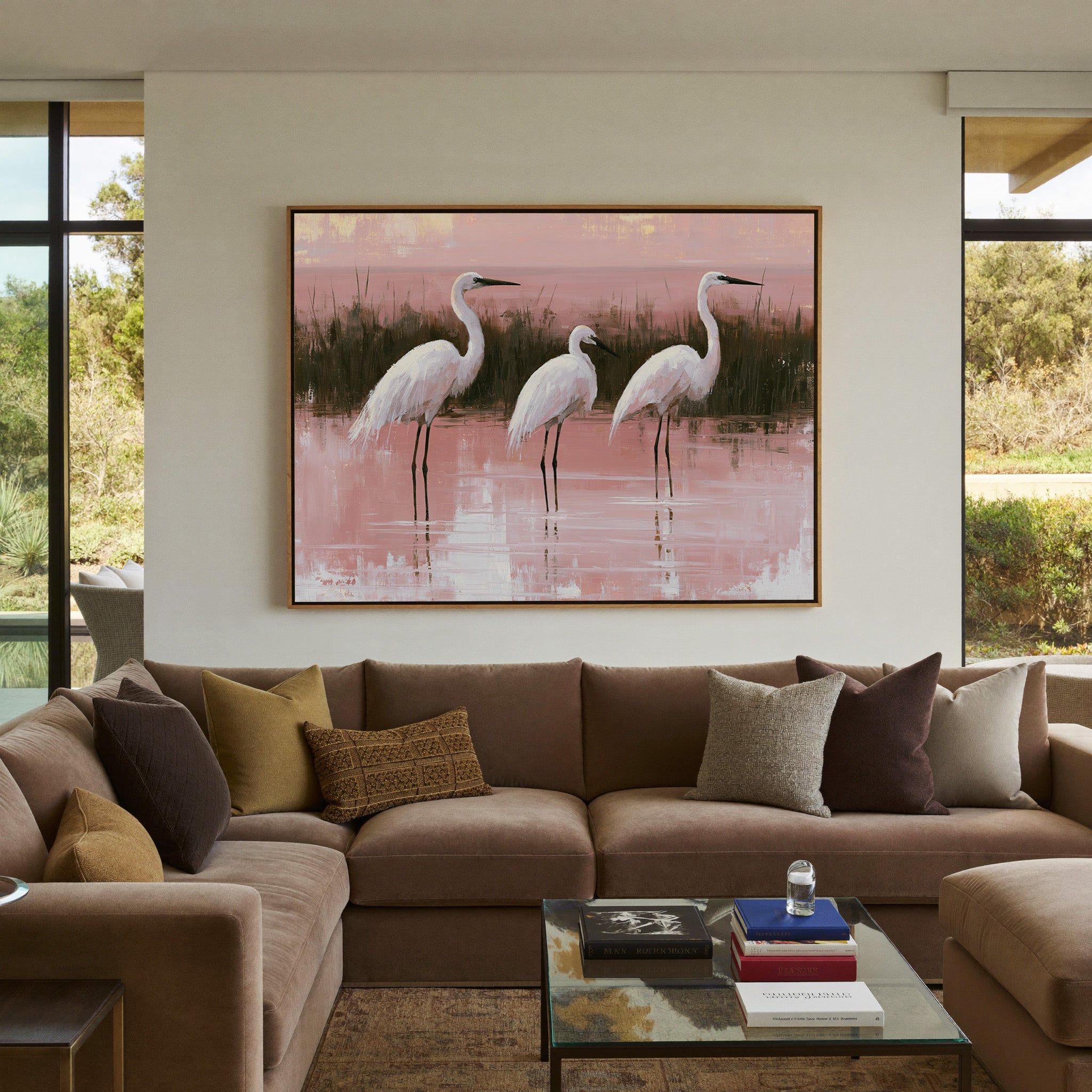 white egrets in shallow pink water canvas wall art in an oak frame in a styled room setting