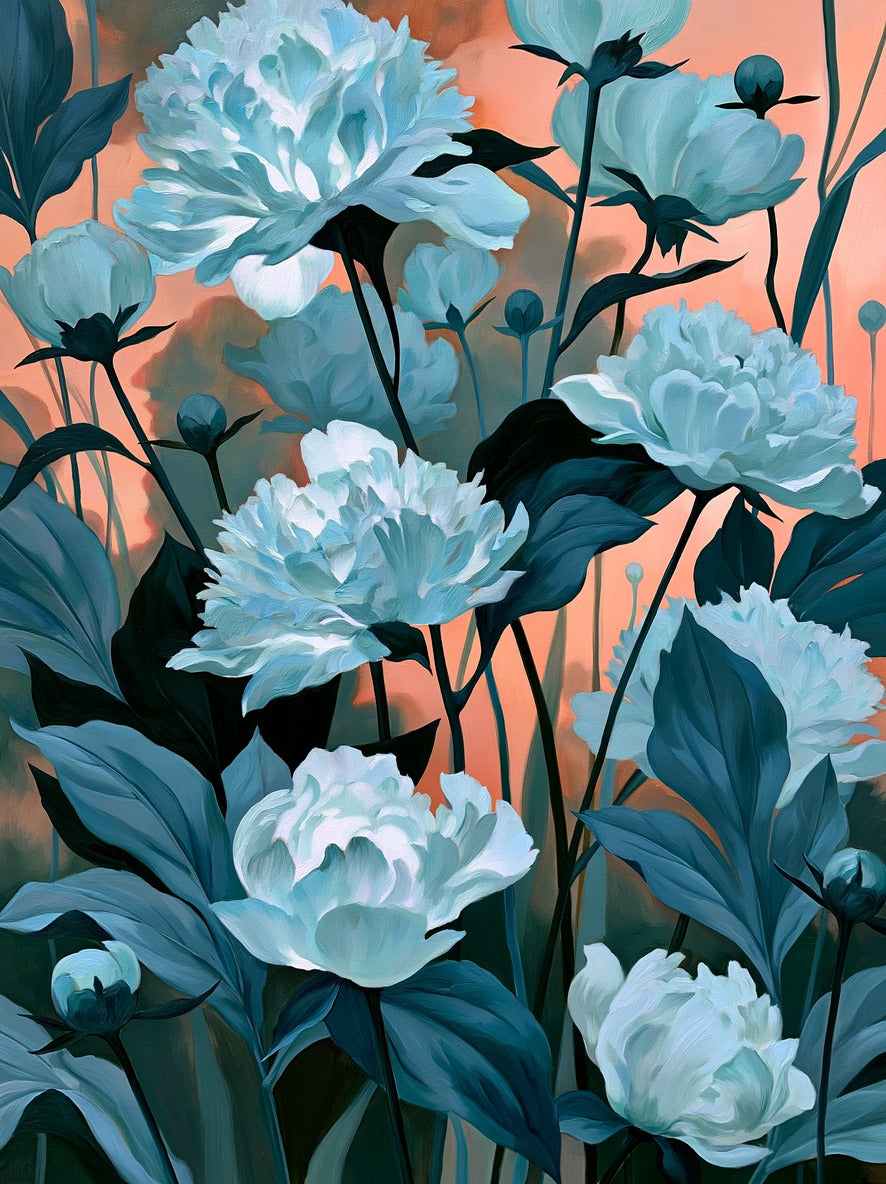 White flowers with teal leaves and slender stems against a coral dusk background