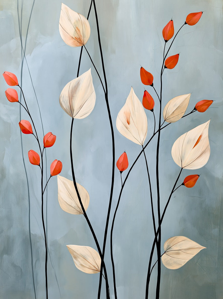 Cream leaves and black stems with coral buds on a blue gray abstract botanical ground
