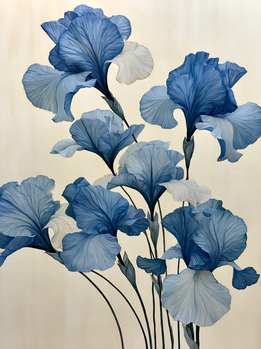 Oversized blue iris flowers with layered petals and thin dark stems on a pale cream ground