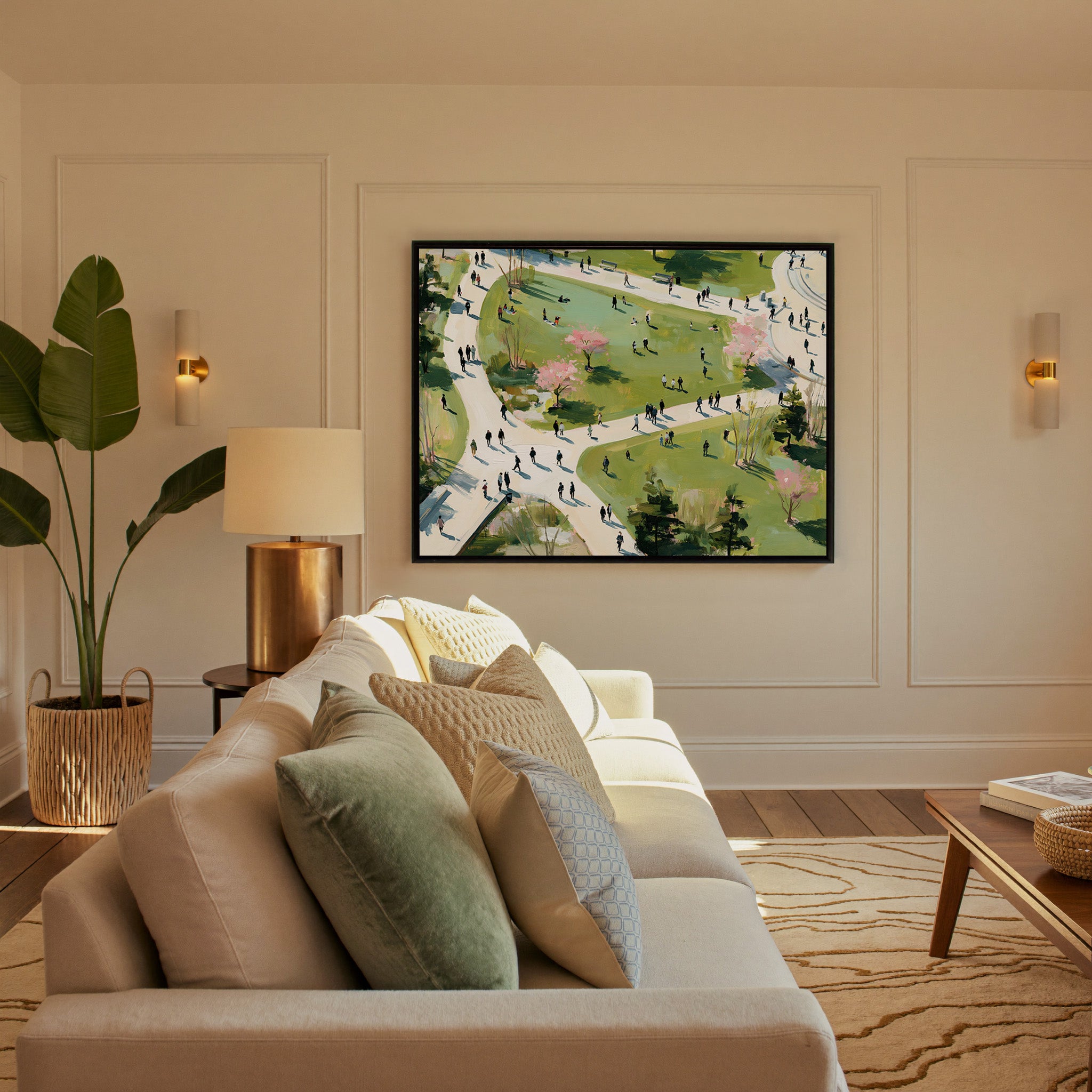 green park with winding paths and scattered canvas wall art in a black frame in a styled room setting