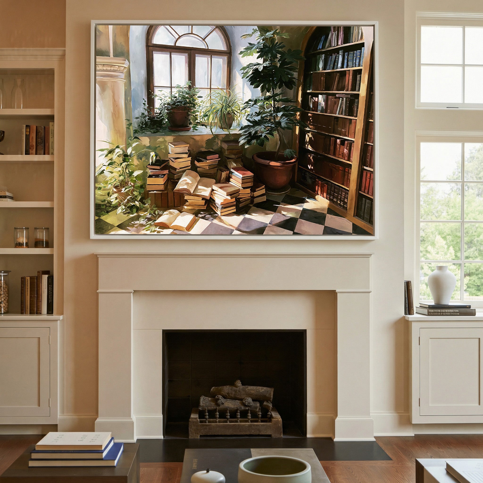 arched window with stacked books and potted canvas wall art in a white frame above a mantel