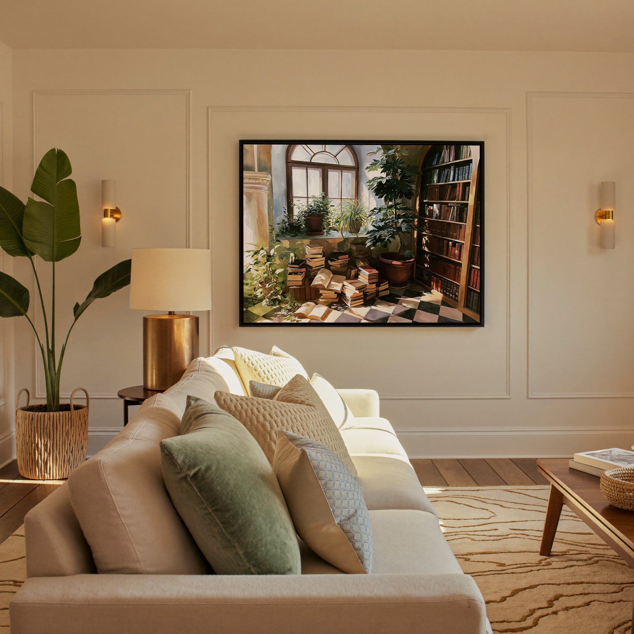 arched window with stacked books and potted canvas wall art in a black frame in a styled room setting