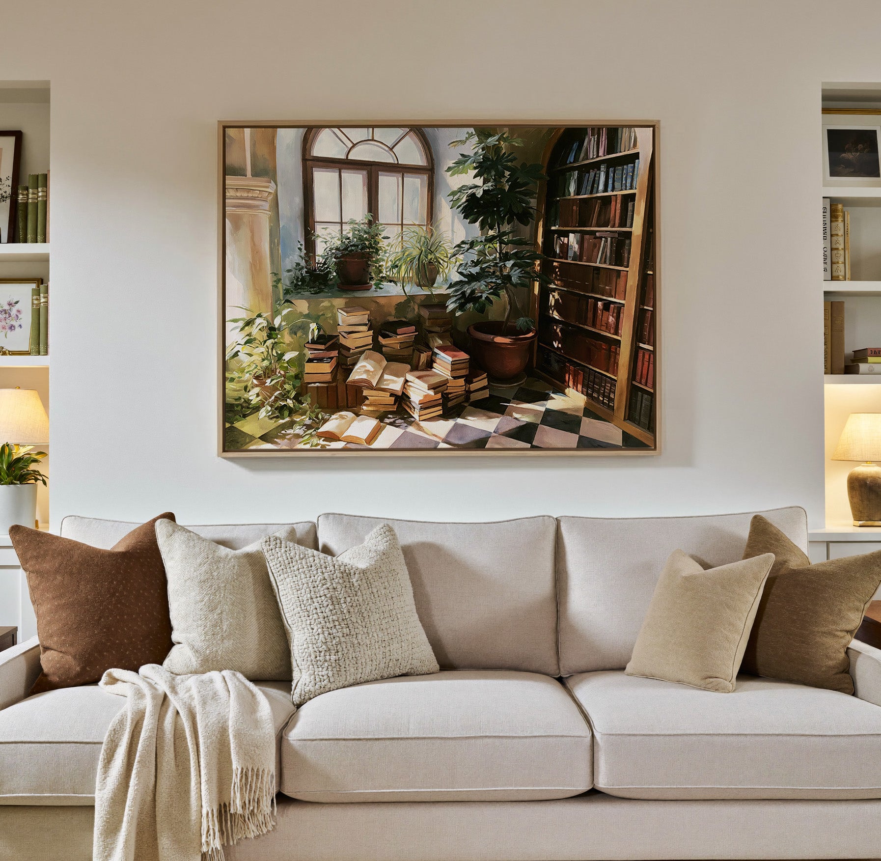 arched window with stacked books and potted canvas wall art in a natural wood frame in a styled room setting