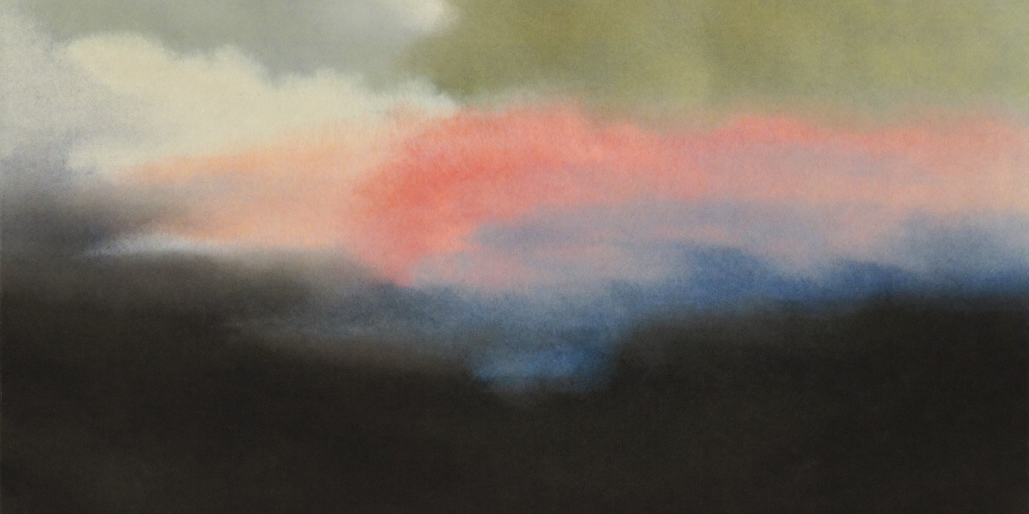 Soft pink and blue abstract bands over a dark charcoal lower edge and olive gray upper haze