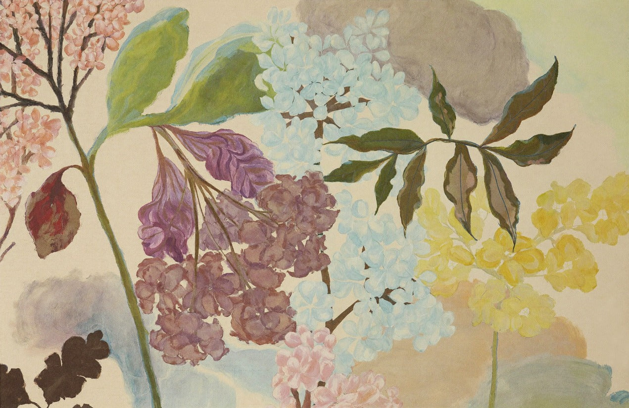 Pastel floral branches with pink, blue, yellow, and lilac blossoms across a cream background