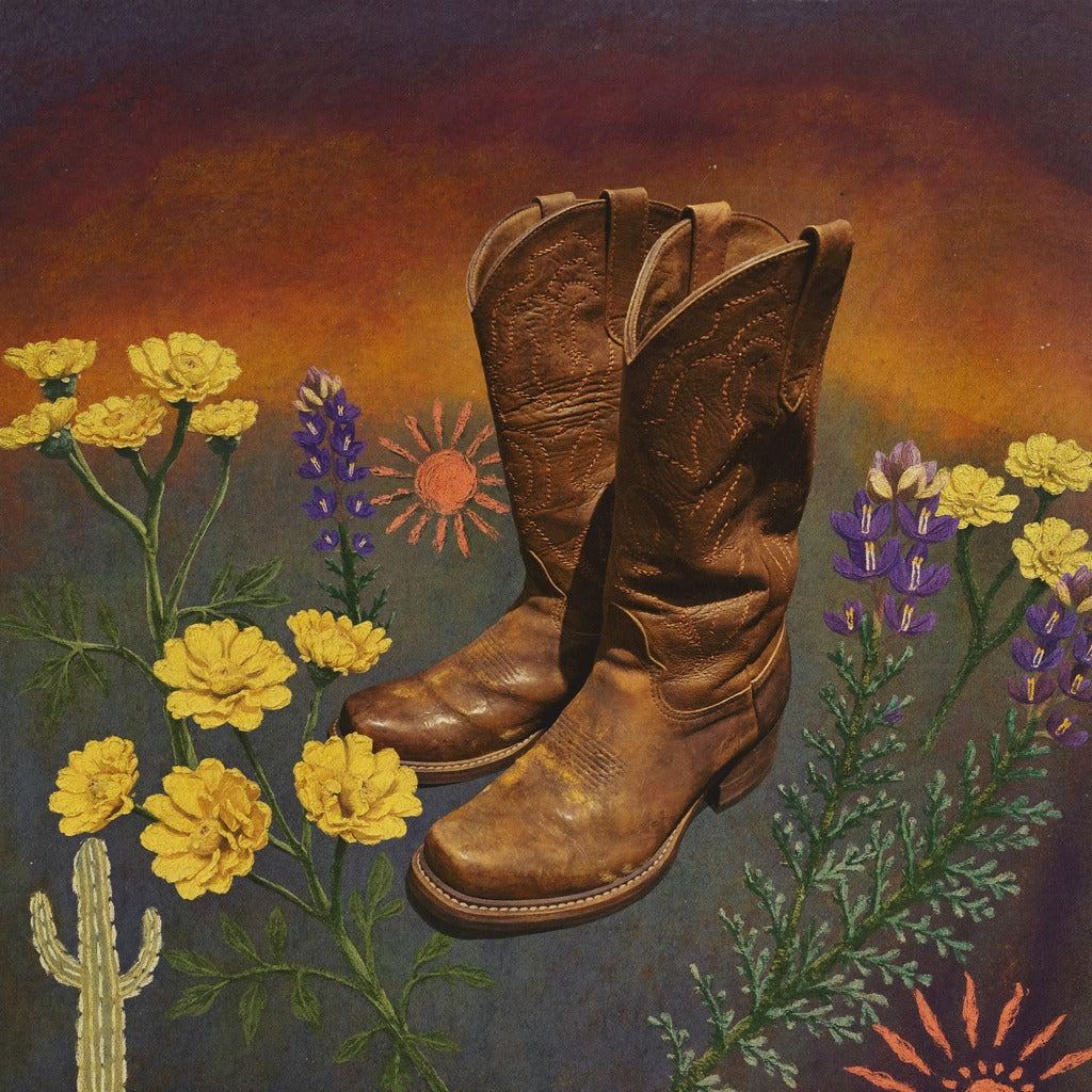Brown cowboy boots centered among yellow and purple wildflowers on a dark dusk ground