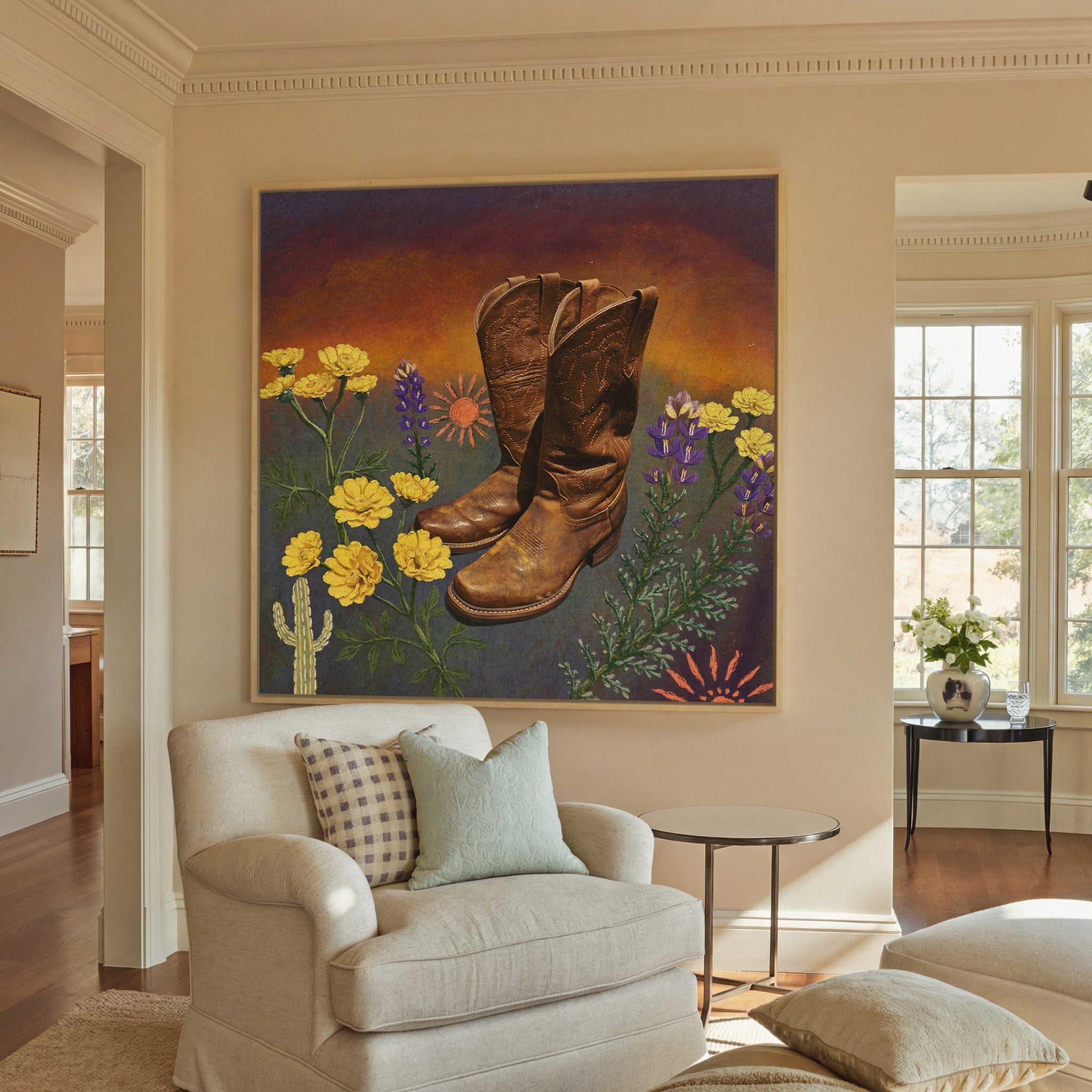 brown boots with yellow and canvas wall art in a natural wood frame in a styled room setting