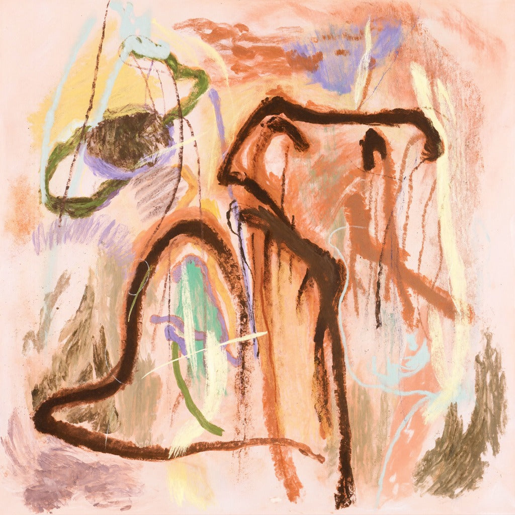 Warm peach abstract with dark looping lines, green, lilac, and blue marks on a cream ground