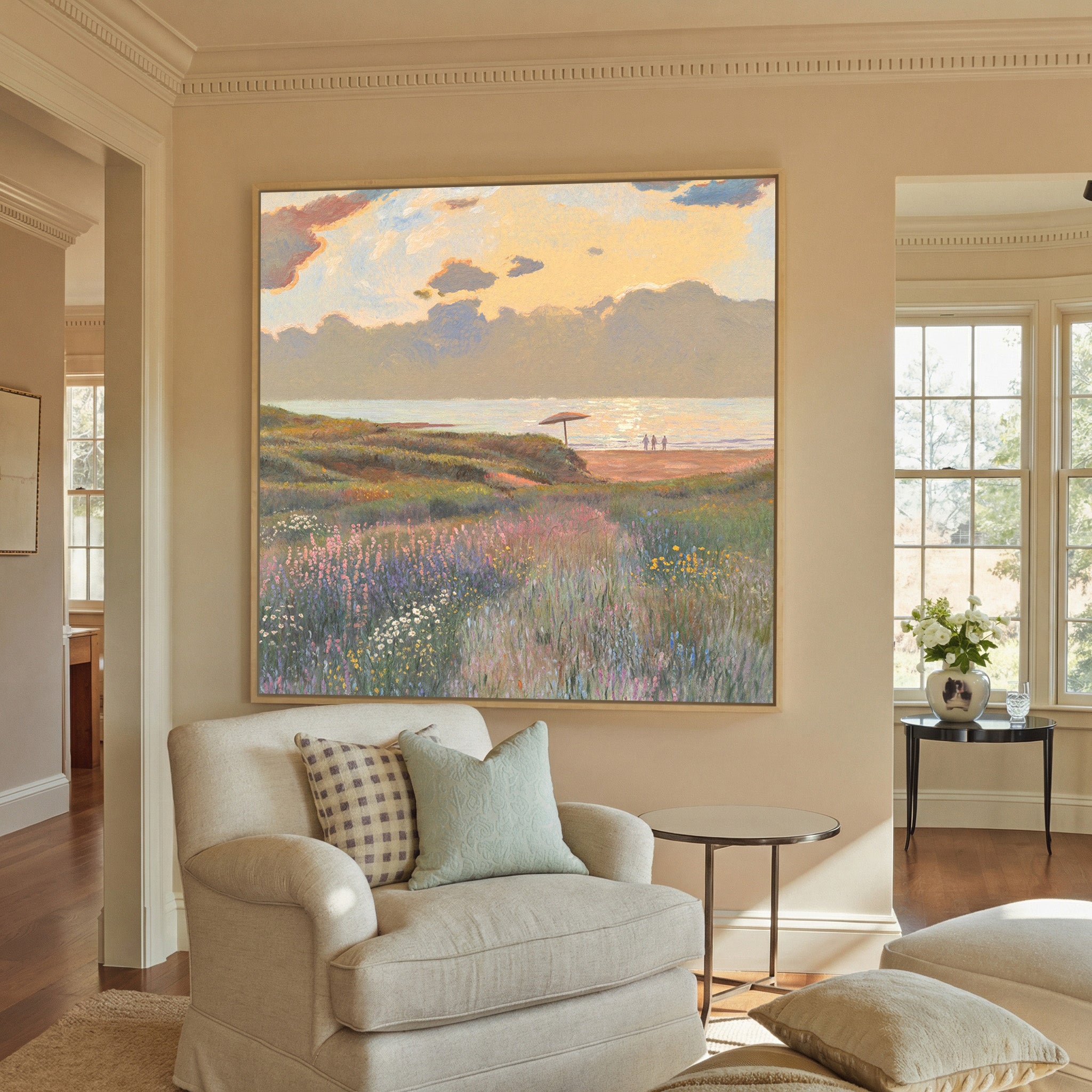 soft coastal meadow with pastel canvas wall art in a natural wood frame in a styled room setting