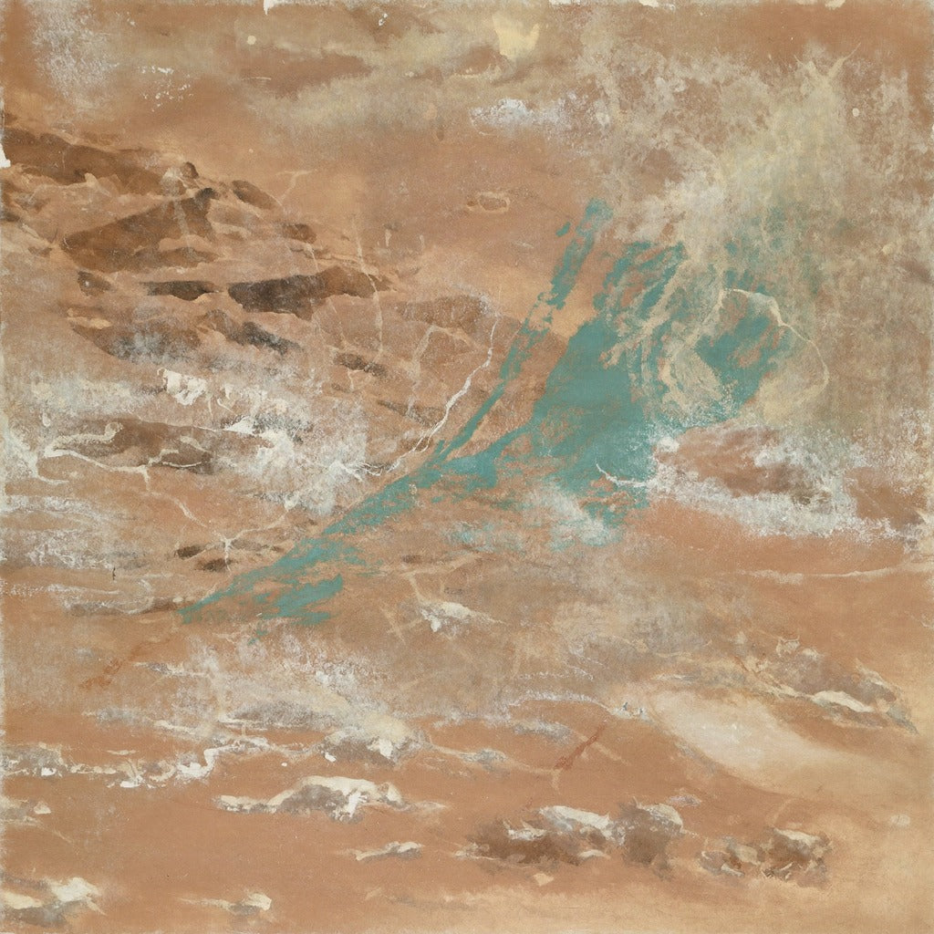 Warm tan abstract with turquoise streaks, pale veils, and darker brown patches across an open surface