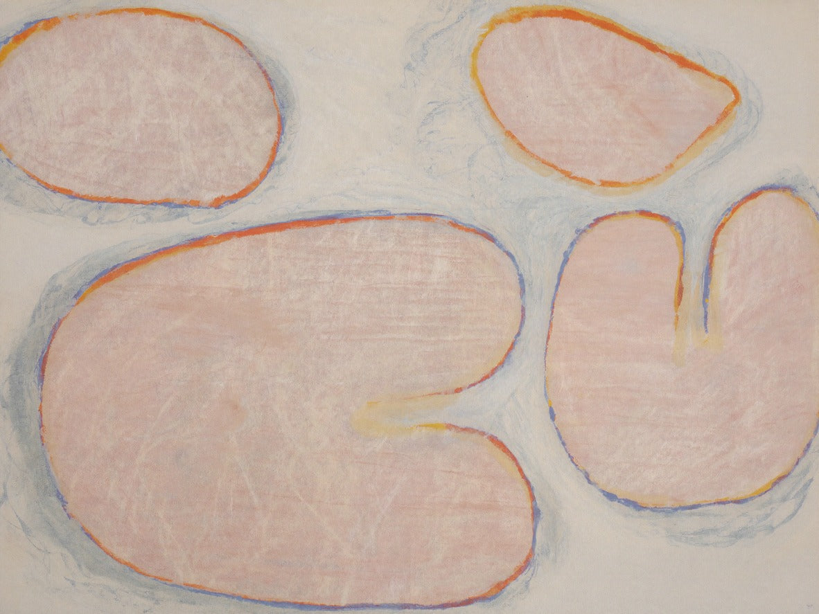Pale blush rounded abstract forms with orange edges and blue outlines on a cream ground
