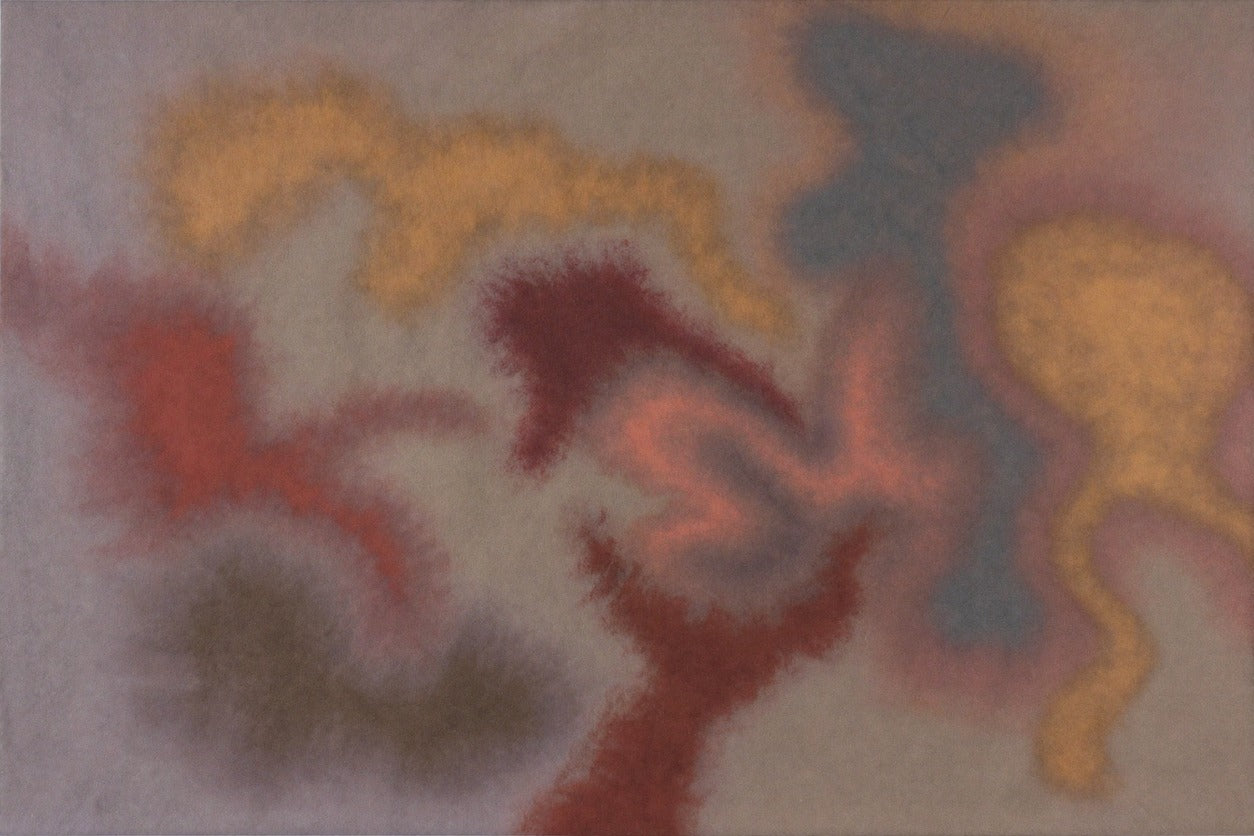 Soft rust, gold, slate, and coral abstract shapes drift across a pale beige ground
