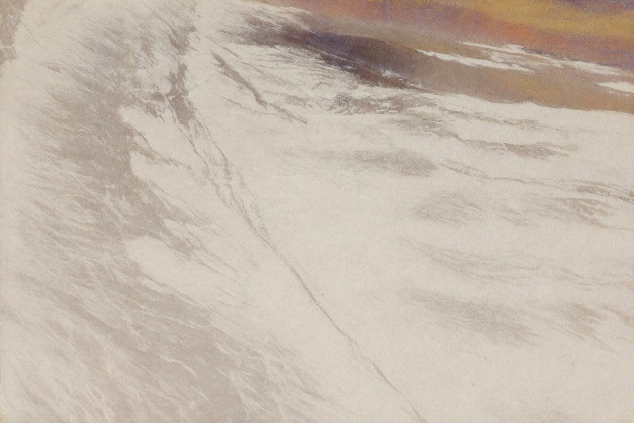 Warm beige abstract with diagonal veining and a muted rust band along the top edge