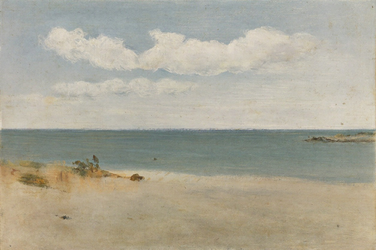Pale beach and blue-green sea beneath broad white clouds with a low horizon and small shore details