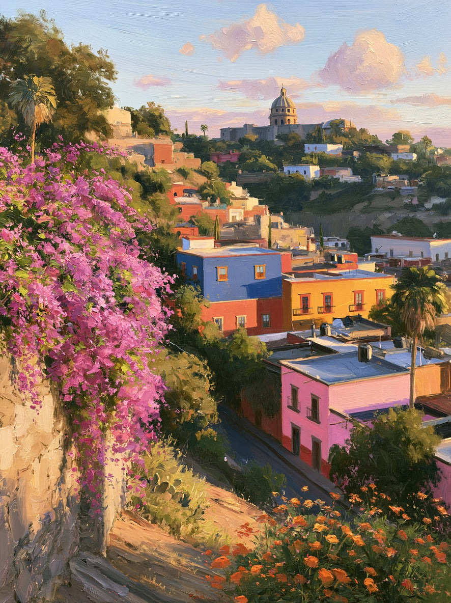 Colorful Mexican hillside town with domed church, pink bougainvillea, and stepped rooftops