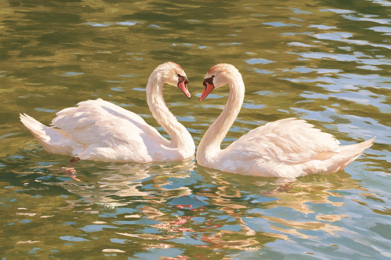 Two white swans facing each other on green water with blue and gold reflections