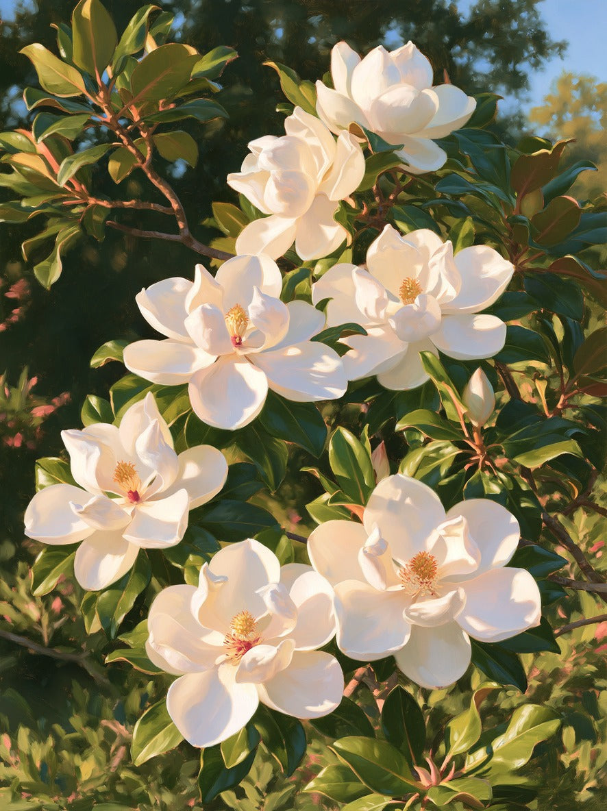 White magnolia blossoms with glossy green leaves and warm sunlight across the branches