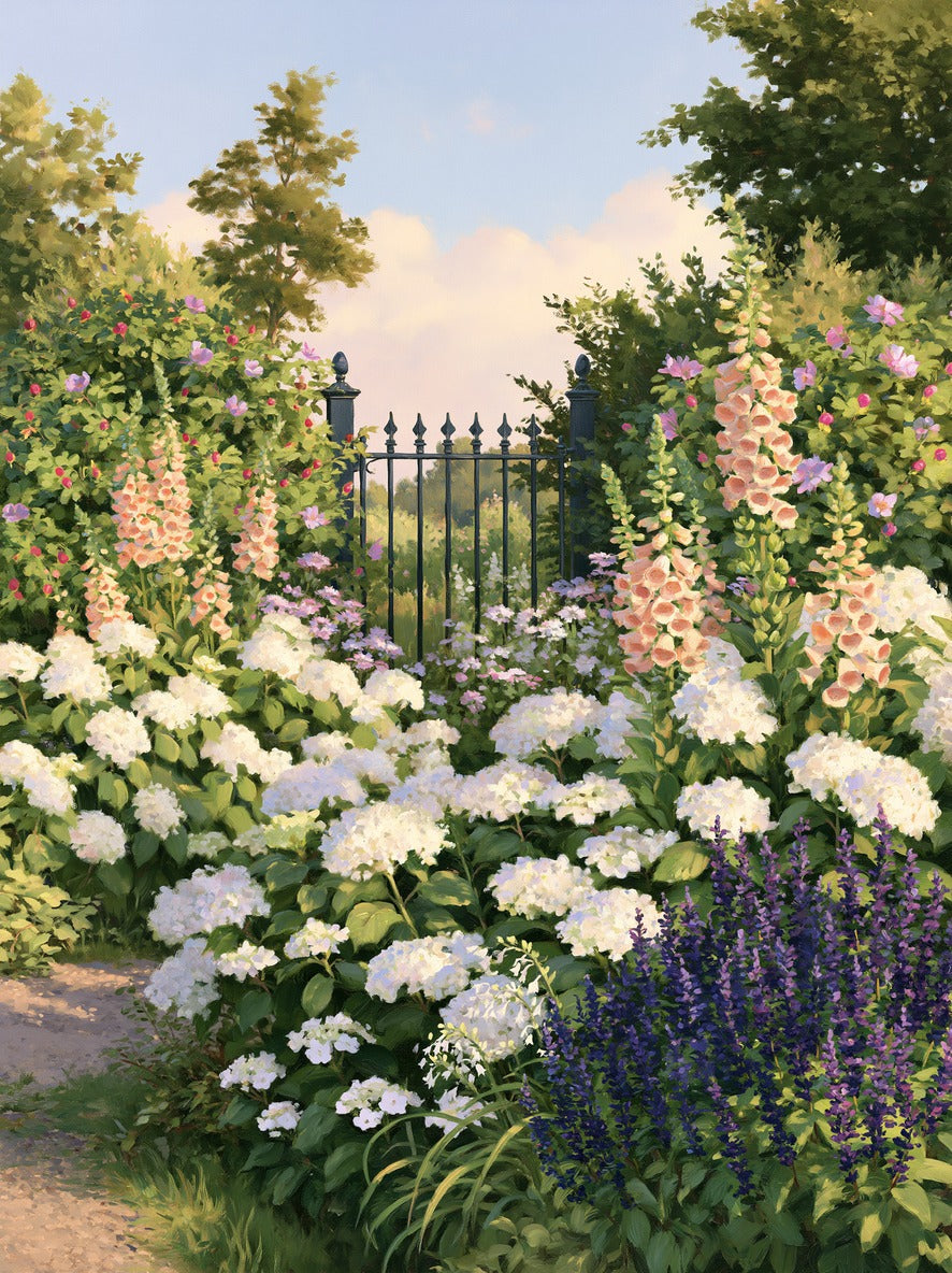 Flower-filled garden with black iron gate, white hydrangeas, peach foxglove, and violet blooms