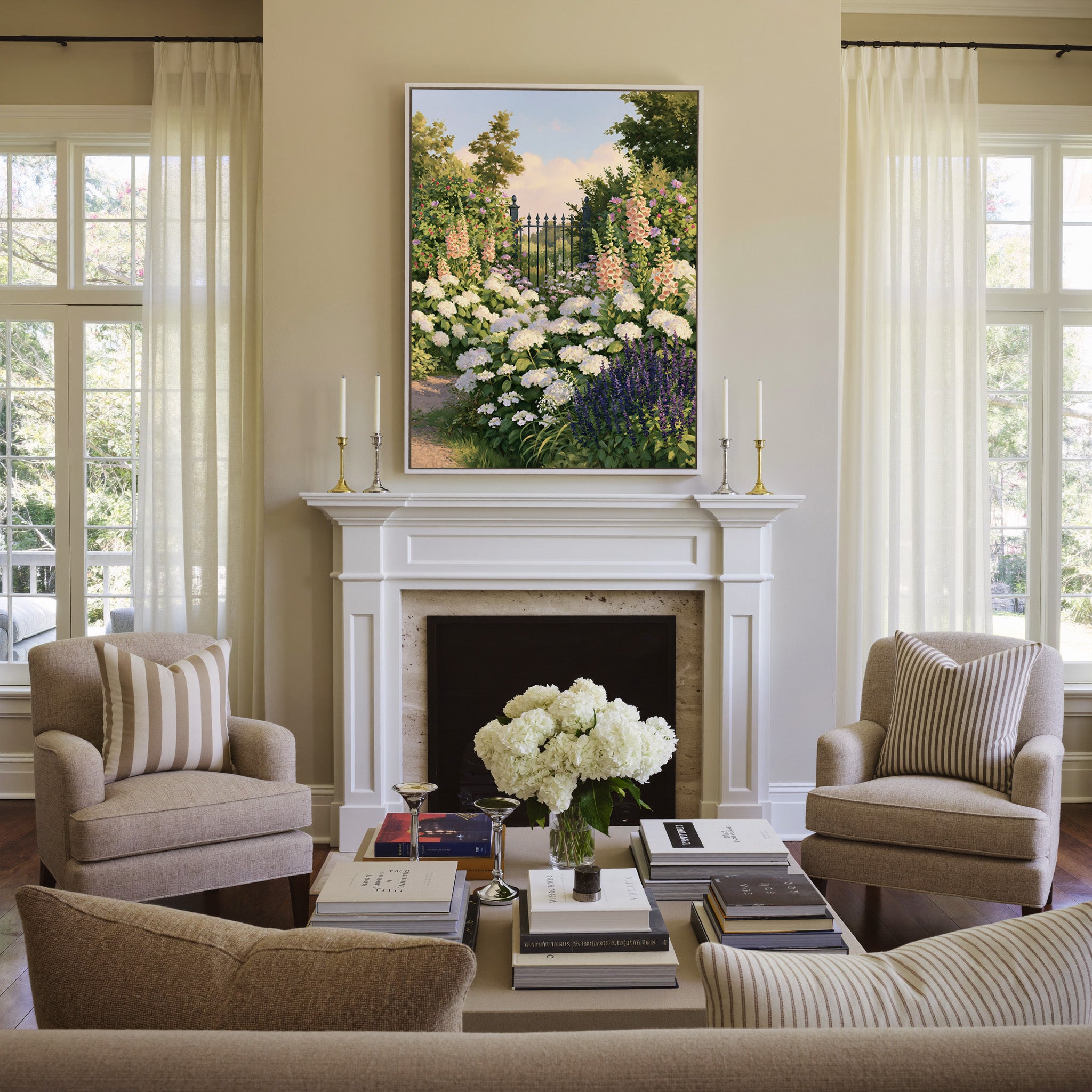 flower filled garden with iron gate and pastel canvas wall art in a white frame above a mantel