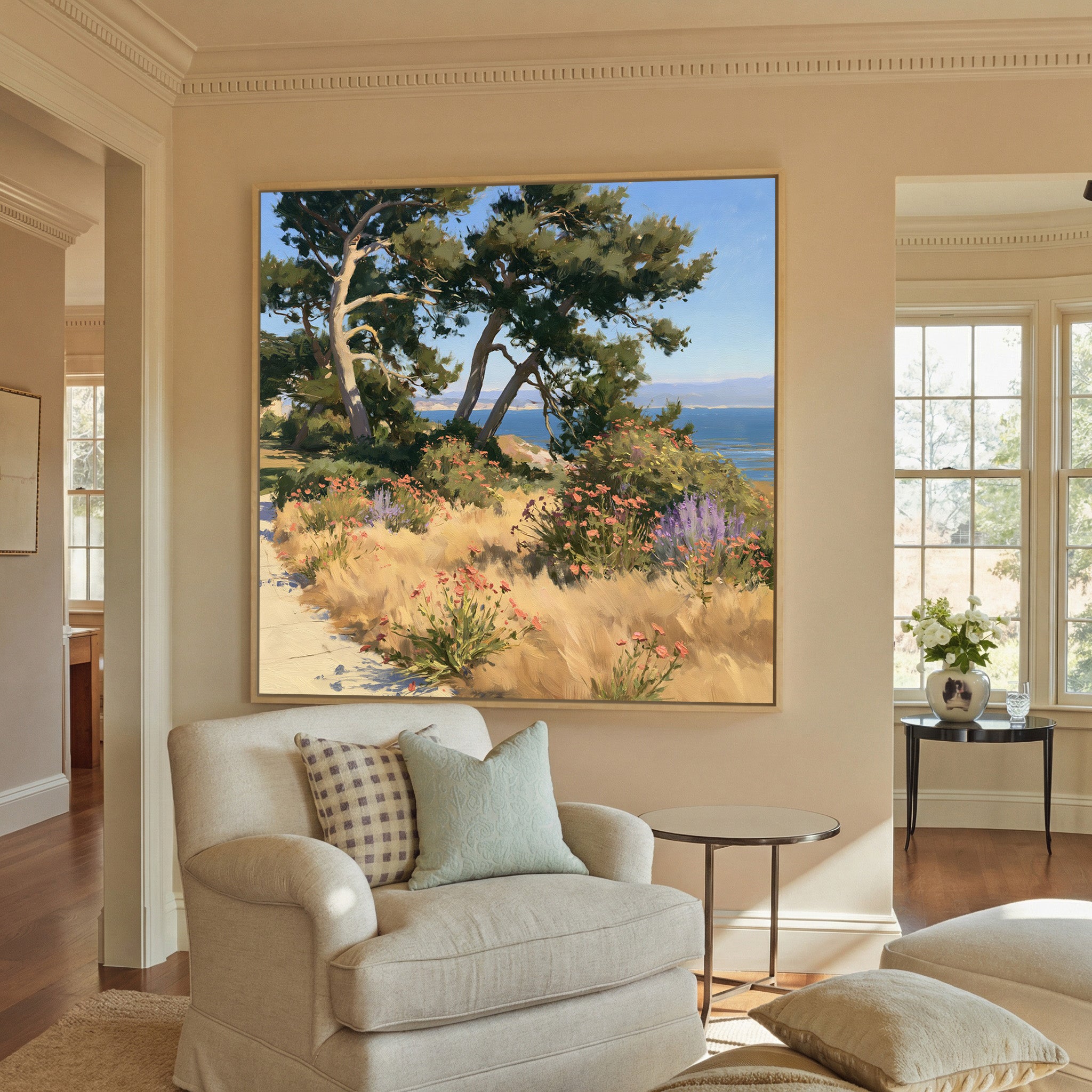 coastal garden with wind shaped cypress, dry canvas wall art in a natural wood frame in a styled room setting
