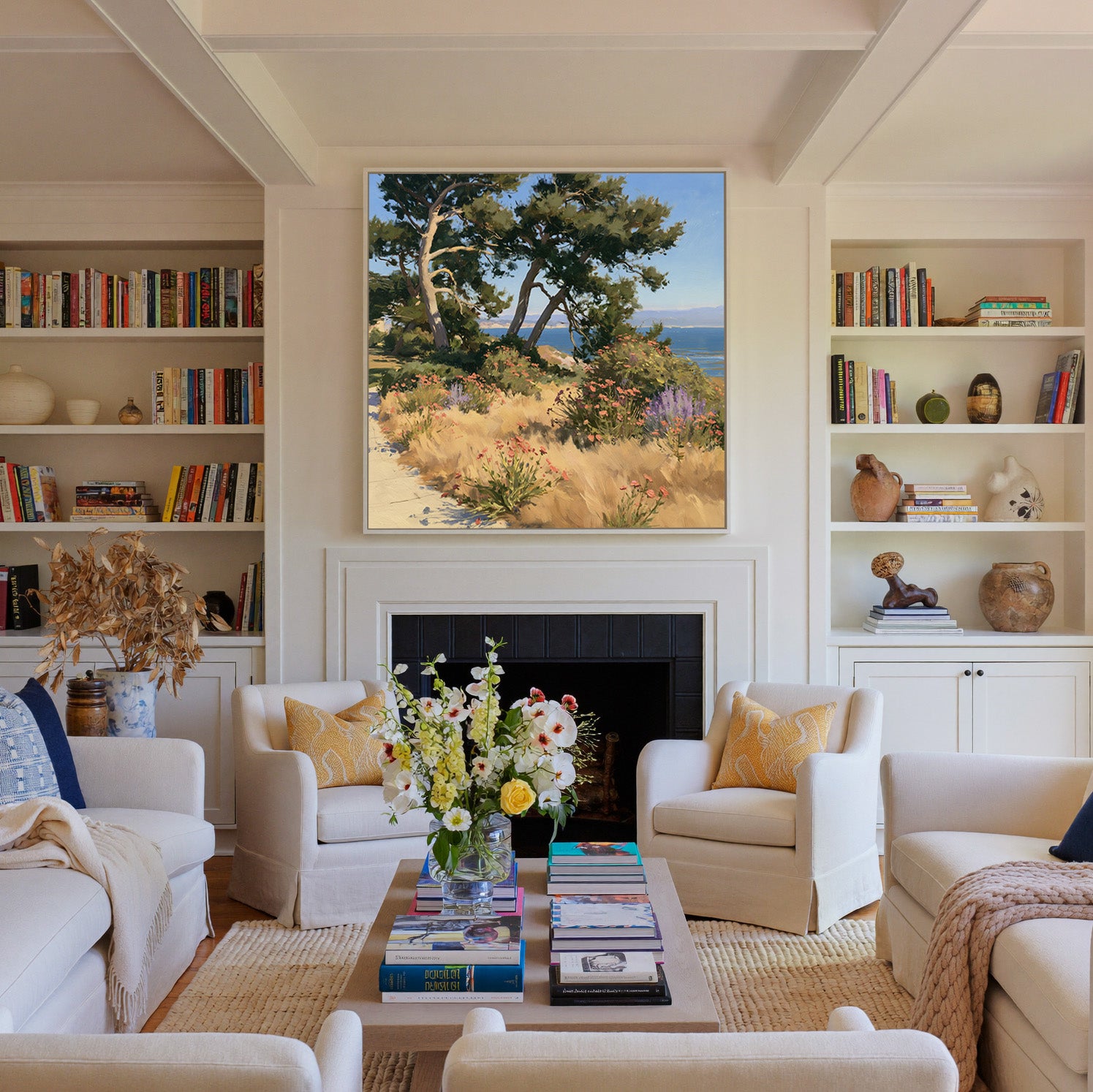 coastal garden with wind shaped cypress, dry canvas wall art in a white frame above a fireplace