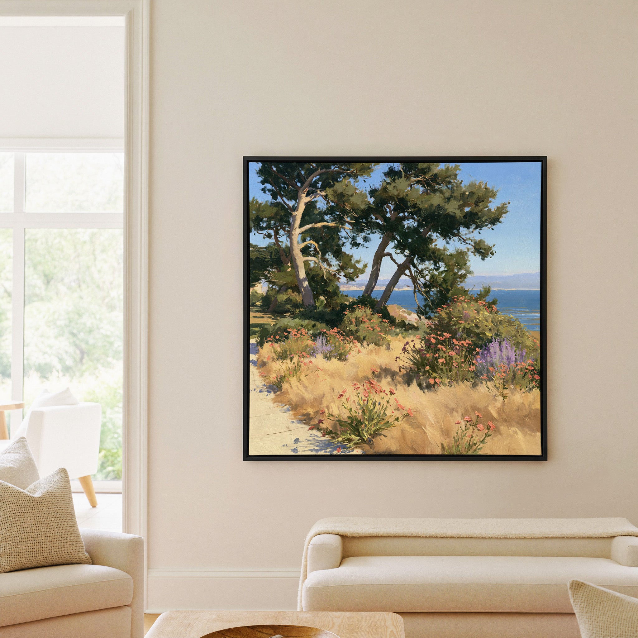 coastal garden with wind shaped cypress, dry canvas wall art in a black frame in a living room