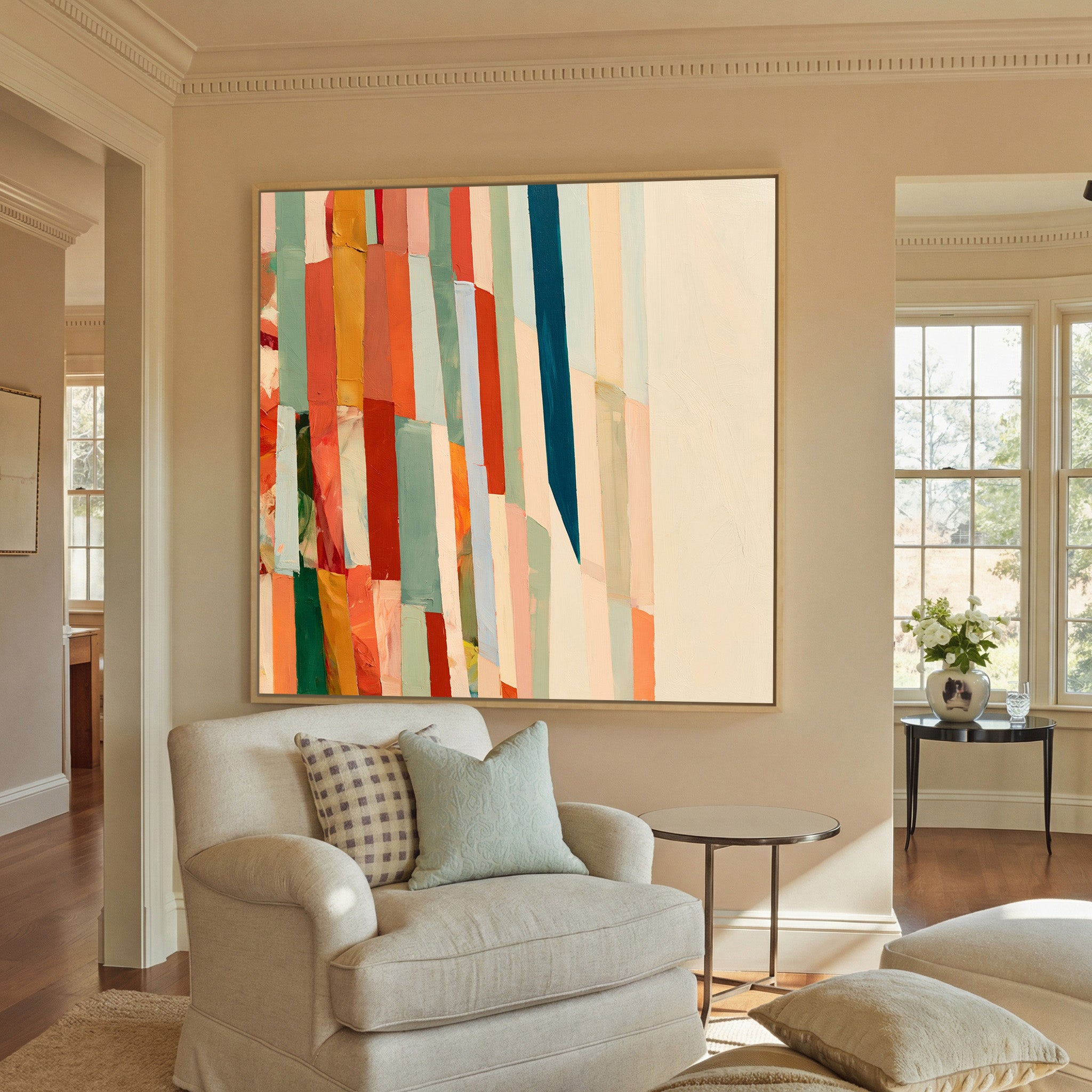 broken grid of vertical color bands canvas wall art in a natural wood frame in a styled room setting