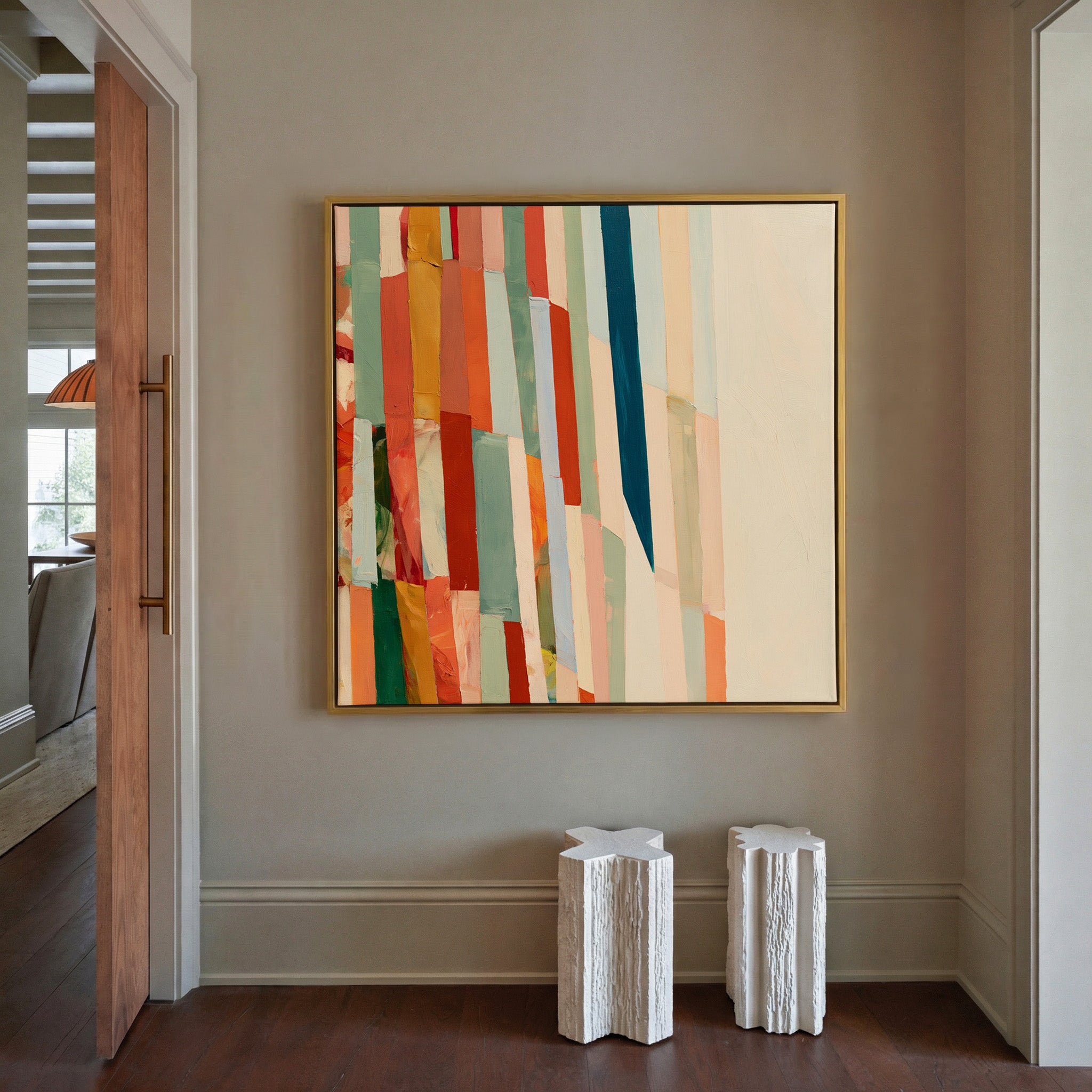 broken grid of vertical color bands canvas wall art in a gold frame in a styled room setting