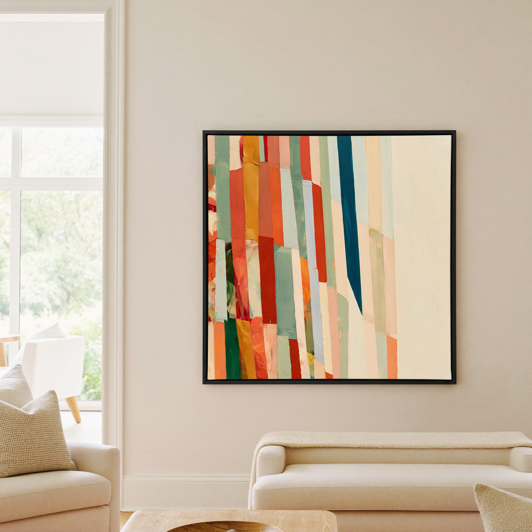 broken grid of vertical color bands canvas wall art in a black frame in a living room