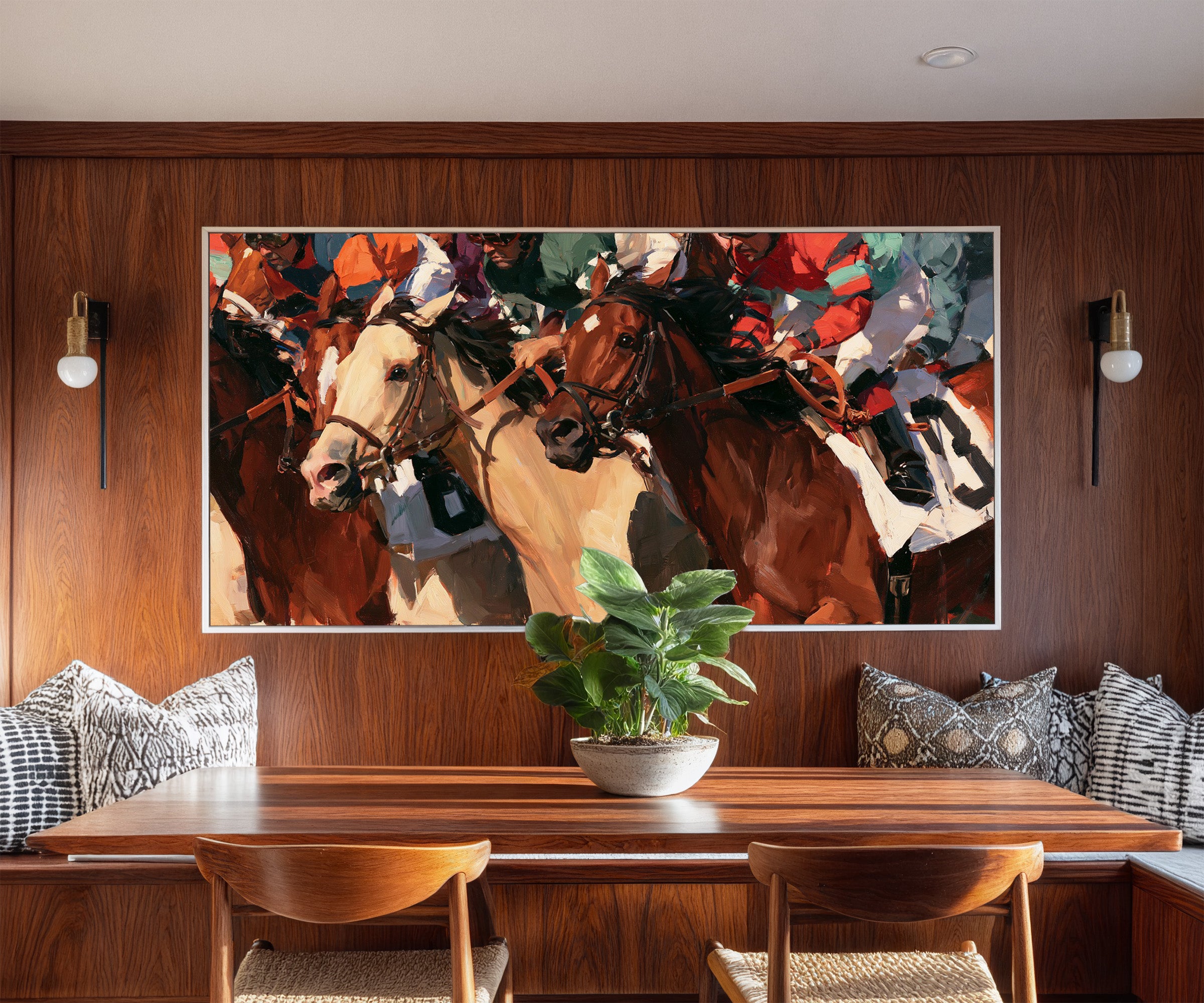 tight racehorse crowd with cream and chestnut canvas wall art in a white frame in a styled room setting