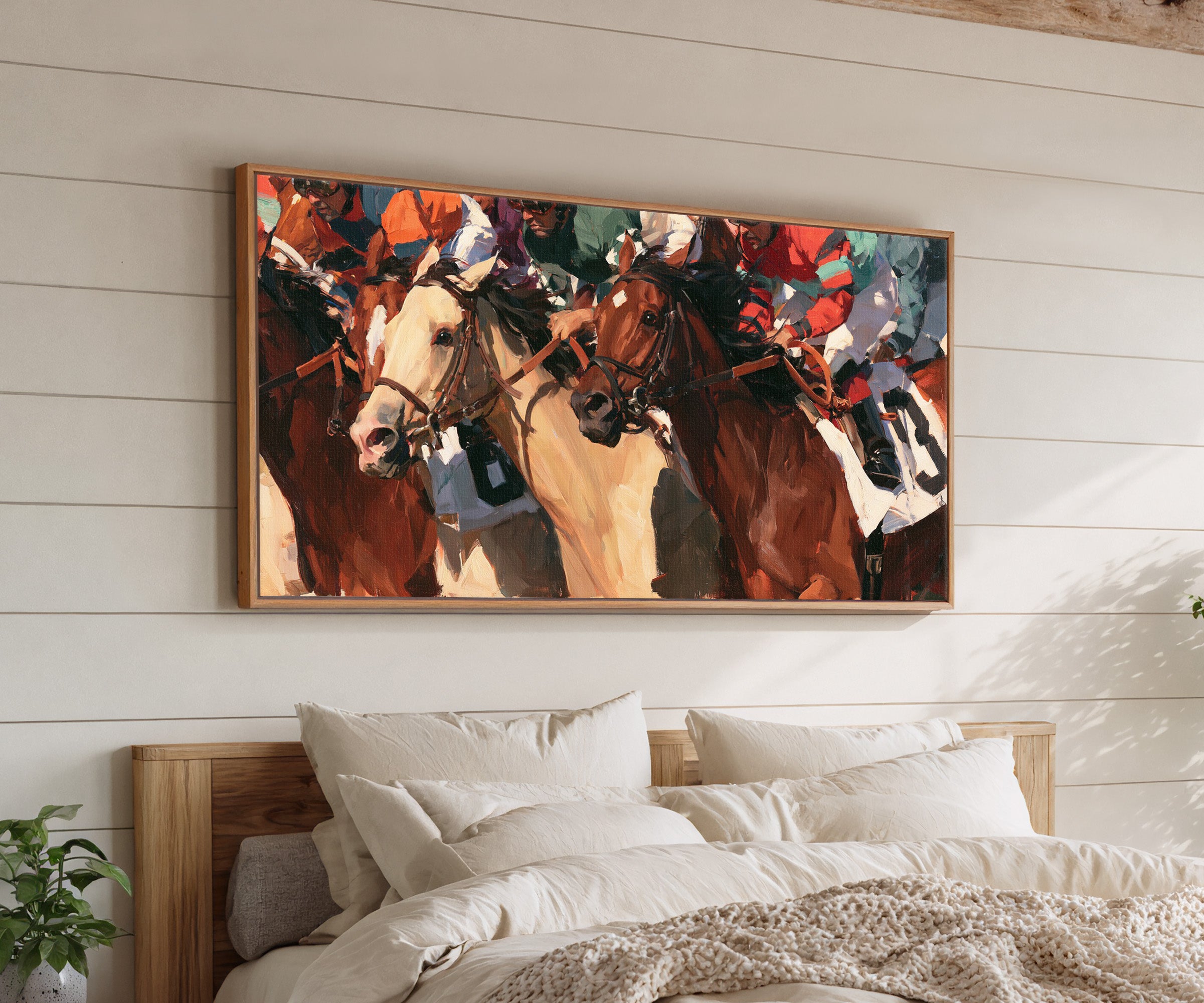 tight racehorse crowd with cream and chestnut canvas wall art in an oak frame above a bed