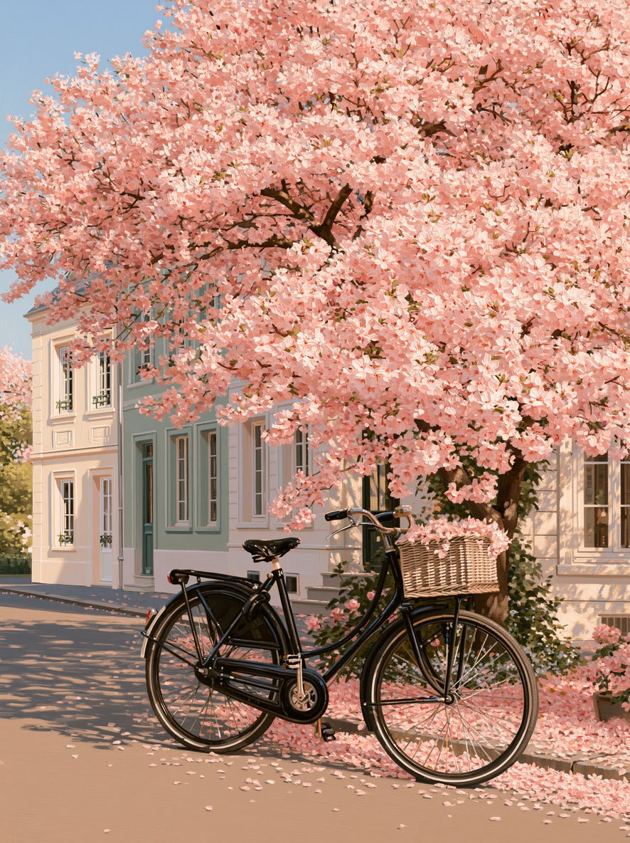 Black bicycle with wicker basket beneath a dense pink blossom tree on a quiet street