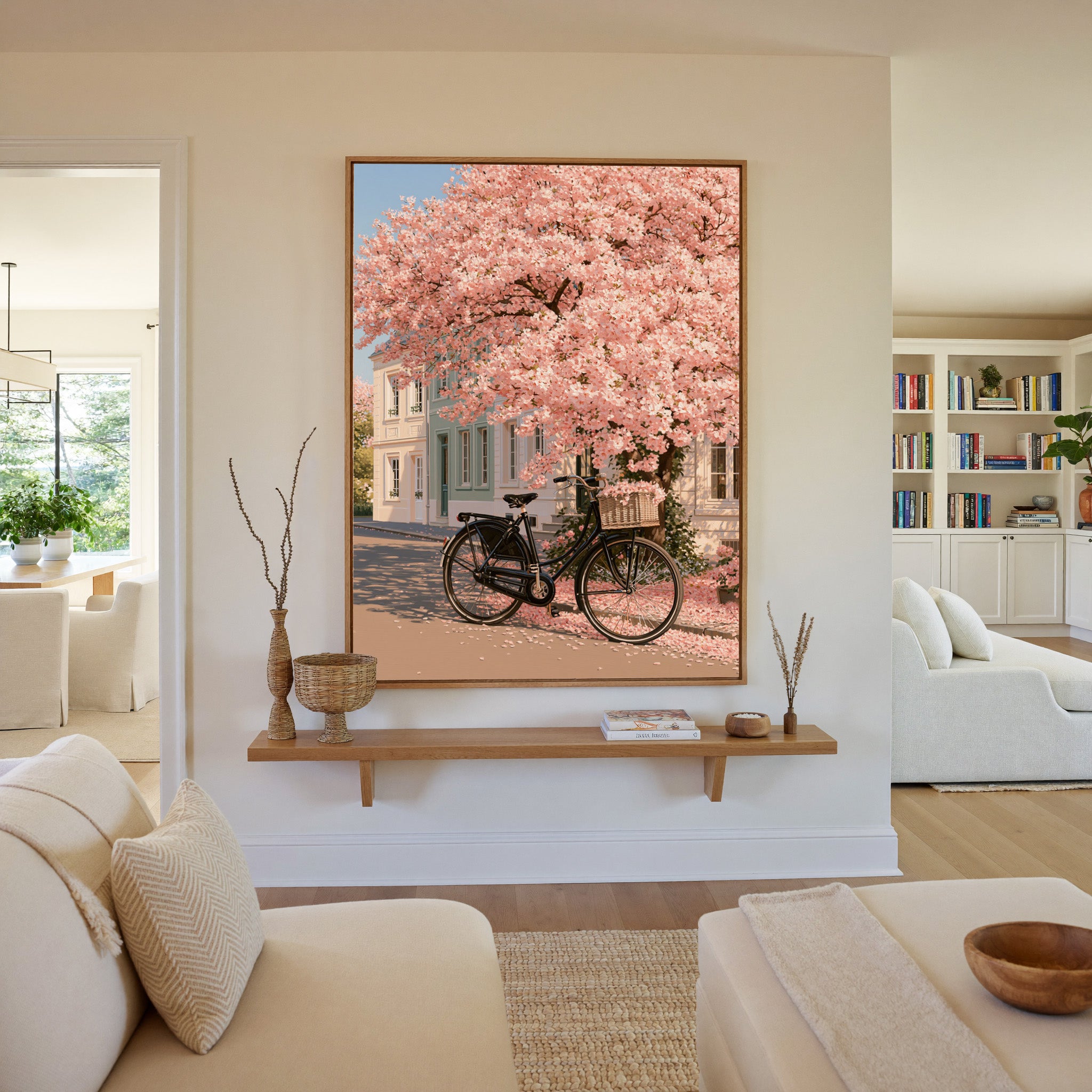 black bicycle beneath pink blossoms canvas wall art in an oak frame in a living room