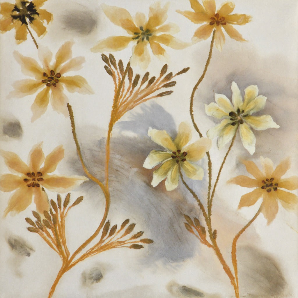 Saffron flowers and gray washes scattered across a pale cream abstract floral canvas