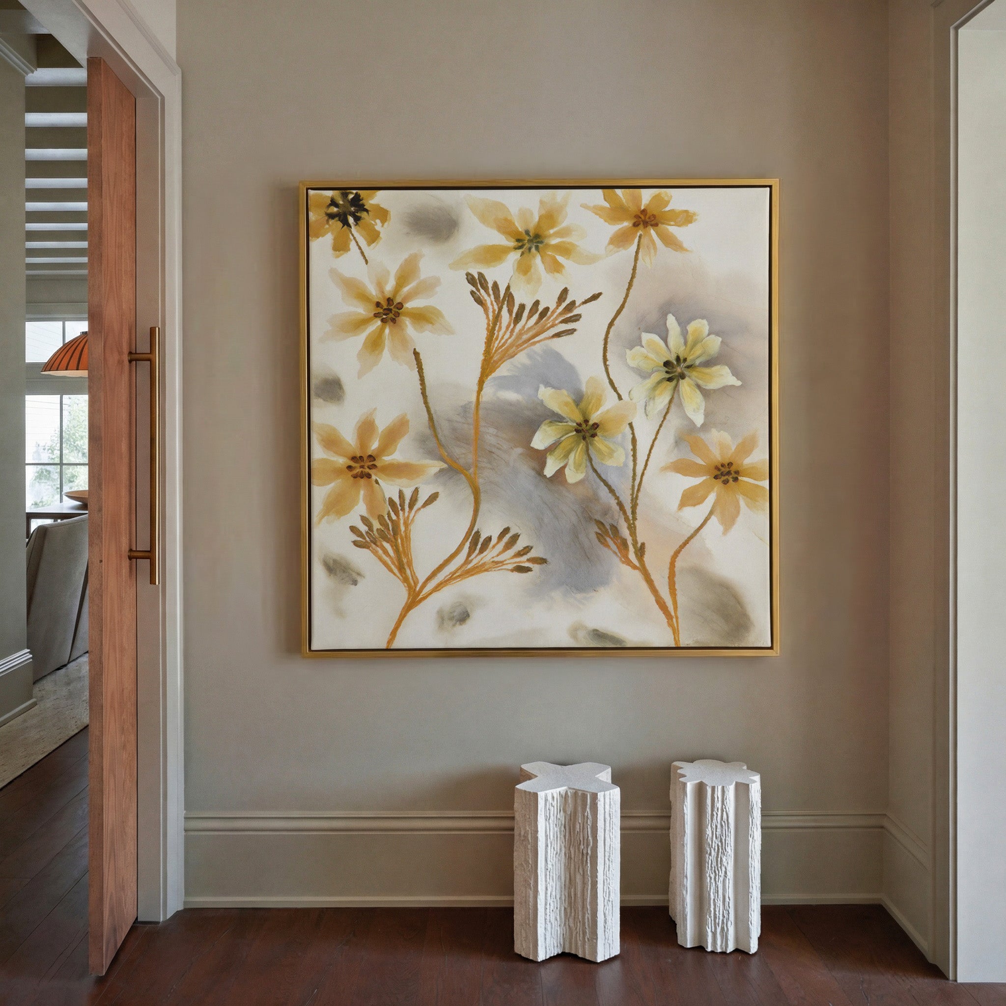 soft saffron and gray abstract floral forms canvas wall art in a gold frame in a styled room setting