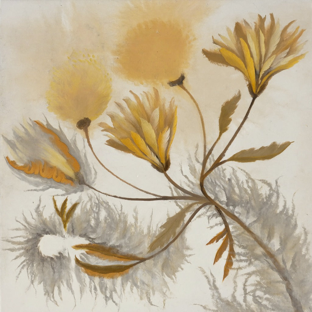 Soft ochre petals and gray wisps spread across a pale cream ground with thin brown stems