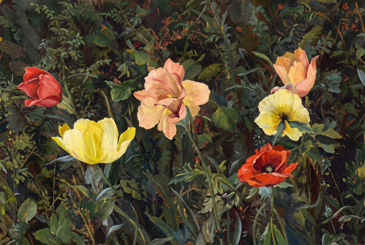 Yellow, peach, and red poppies scattered through dark green foliage and stems