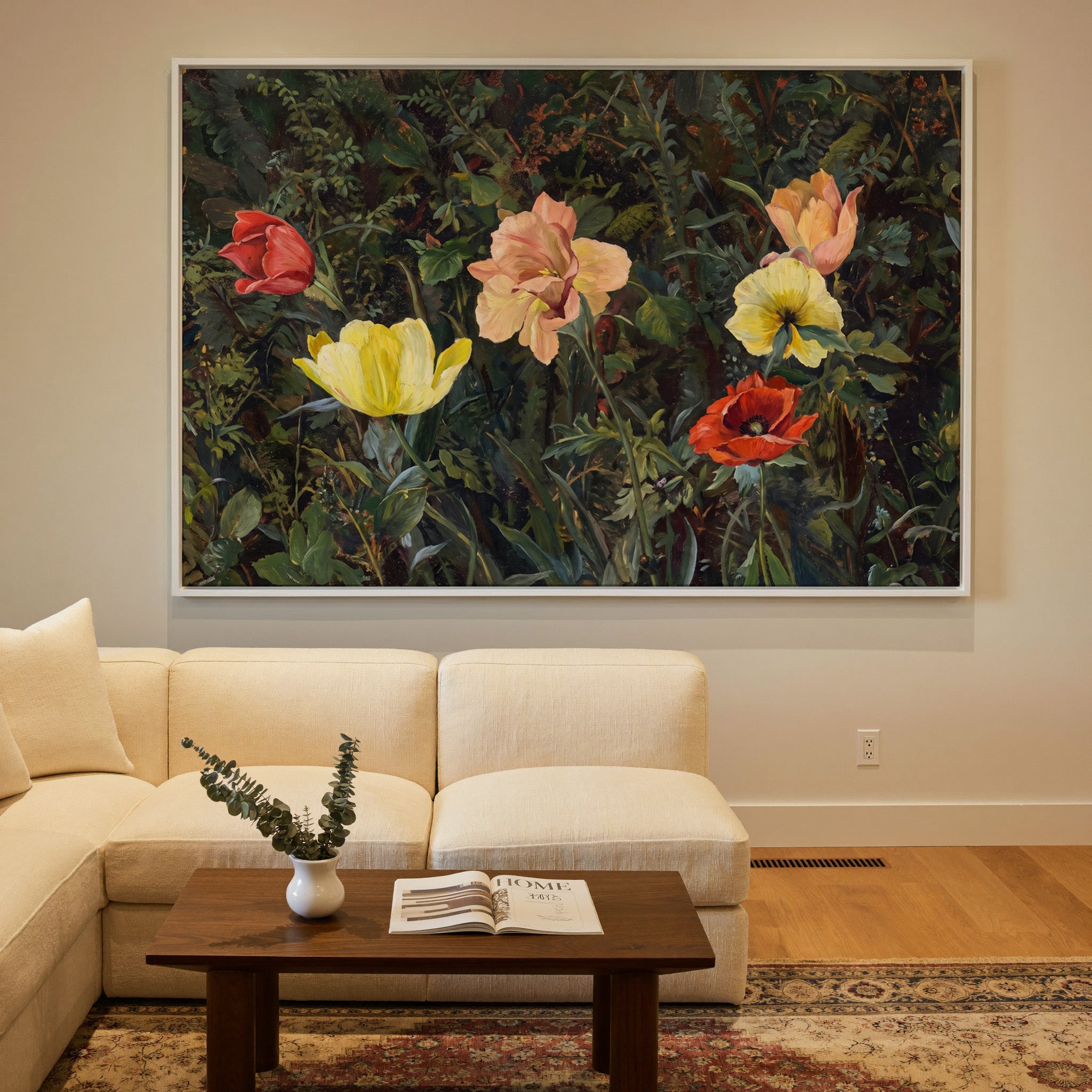 dark foliage with yellow, peach, and red poppies canvas wall art in a white frame in a styled room setting