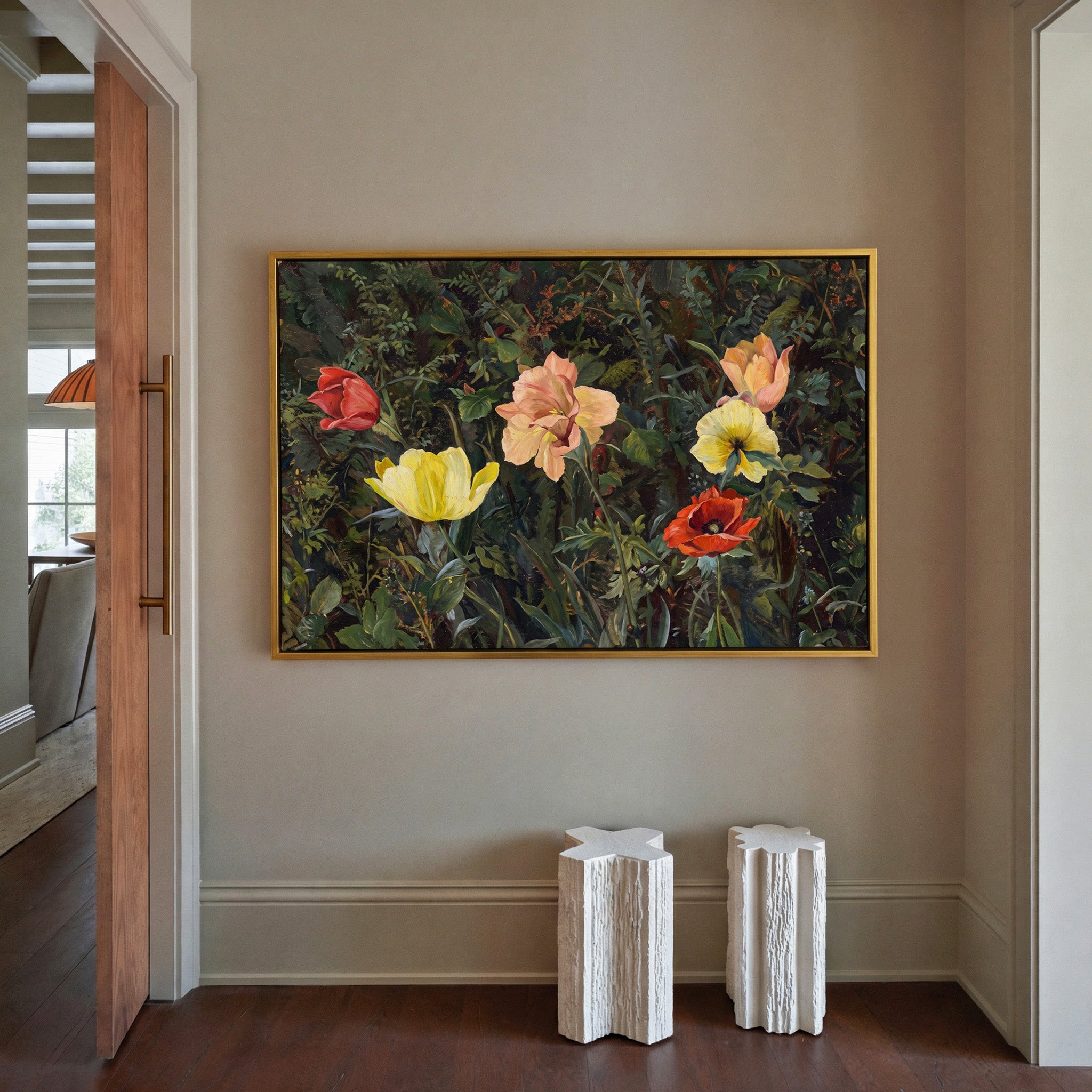 dark foliage with yellow, peach, and red poppies canvas wall art in a gold frame in a styled room setting