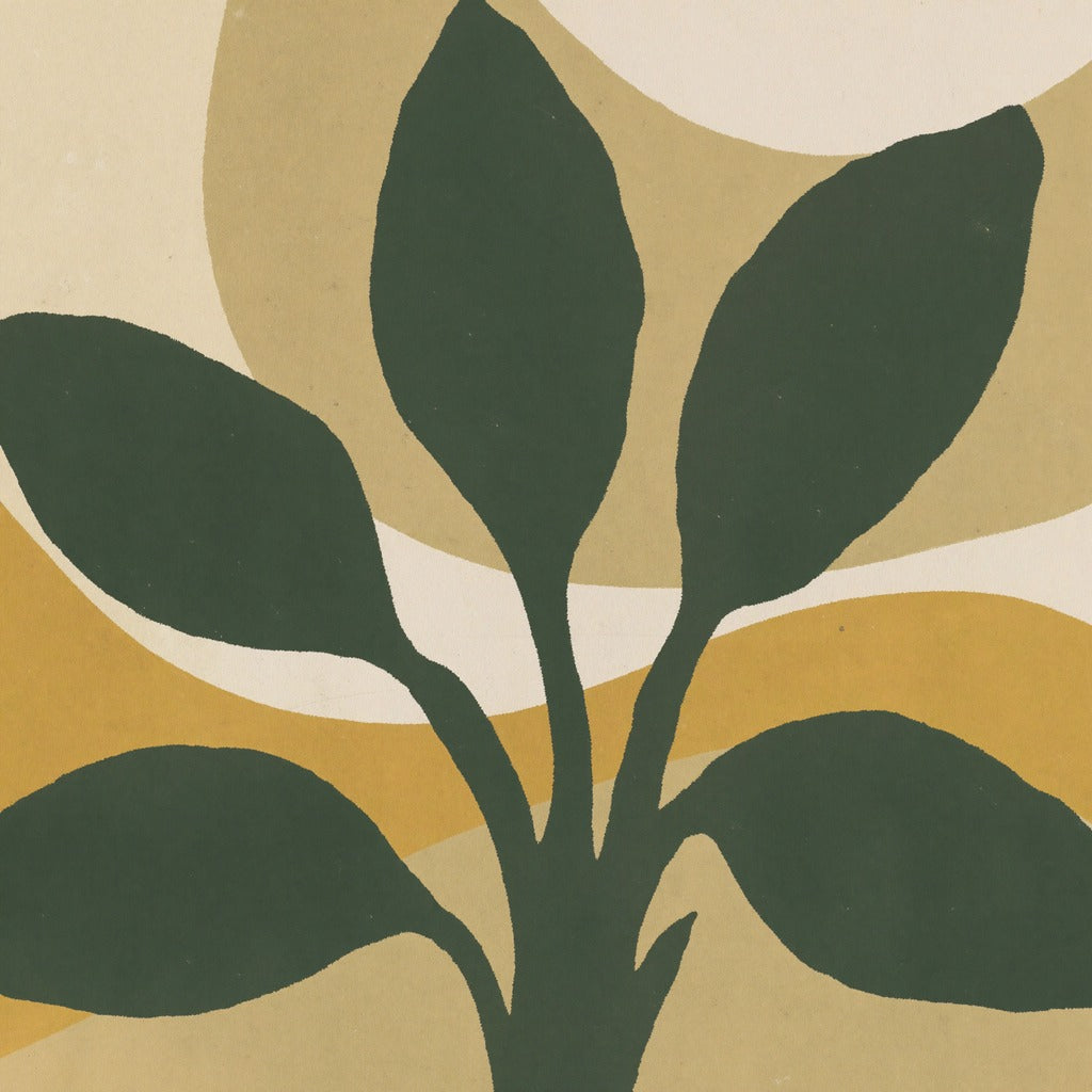 Dark green leaf silhouettes spread over pale cream and ochre arcs in a graphic abstract layout